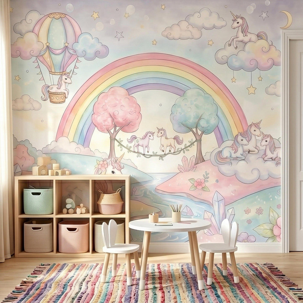 Pastel Unicorn Rainbow Peel and Stick Wall Mural, Watercolor Clouds Moon and Stars, Hot Air Balloon Fantasy Whimsical Crystal Kids Wallpaper