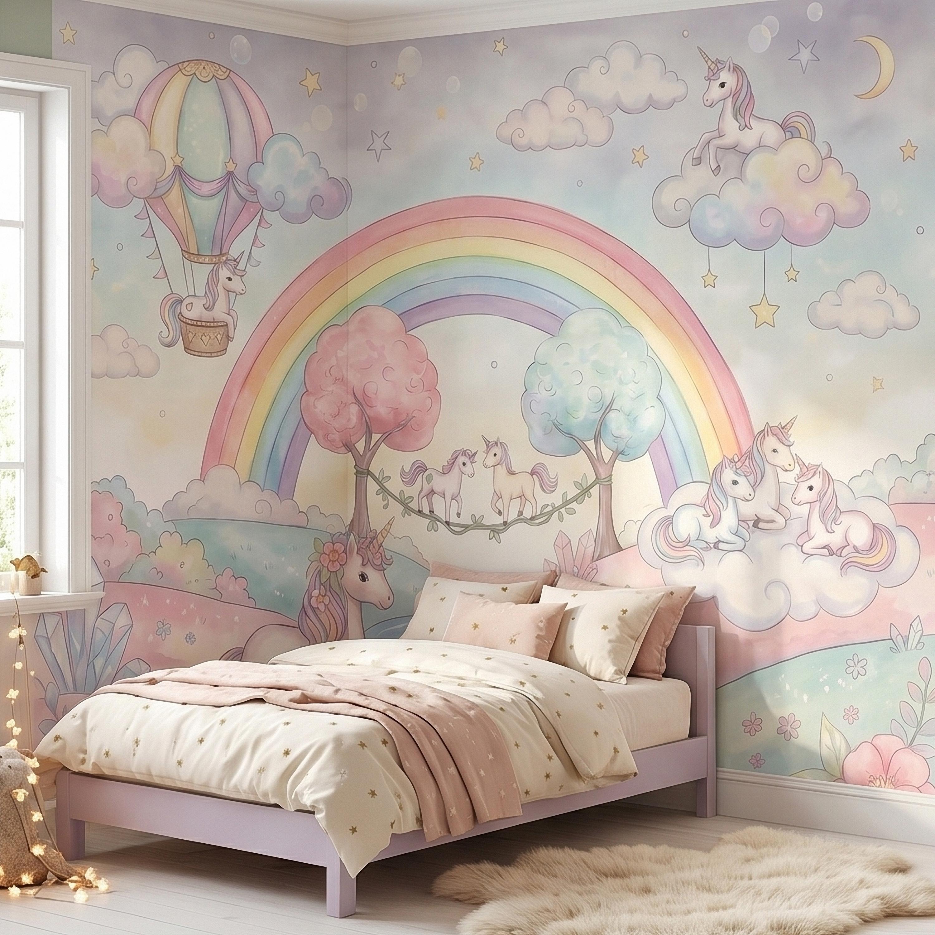 Pastel Unicorn Rainbow Peel and Stick Wall Mural, Watercolor Clouds Moon and Stars, Hot Air Balloon Fantasy Whimsical Crystal Kids Wallpaper