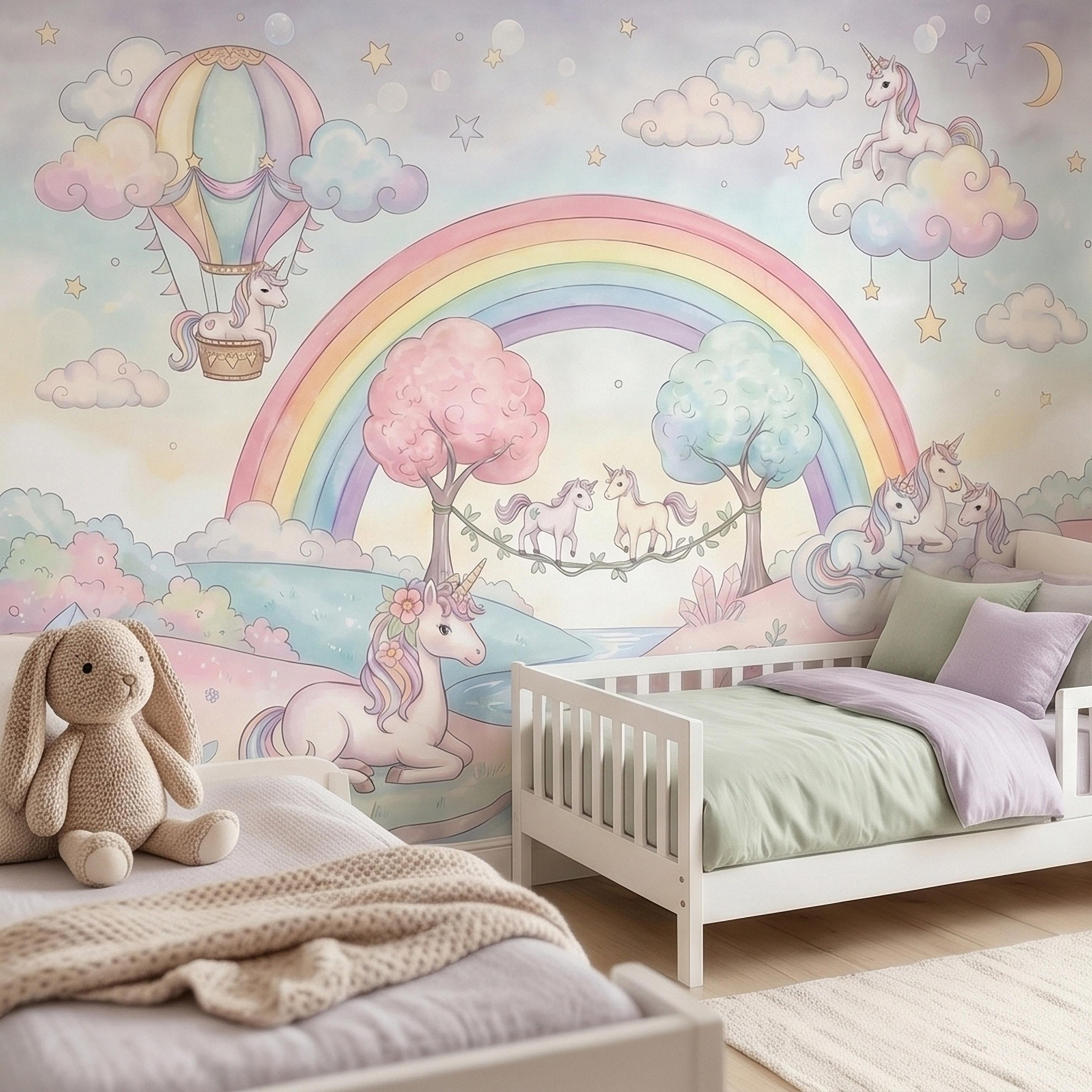 Pastel Unicorn Rainbow Peel and Stick Wall Mural, Watercolor Clouds Moon and Stars, Hot Air Balloon Fantasy Whimsical Crystal Kids Wallpaper