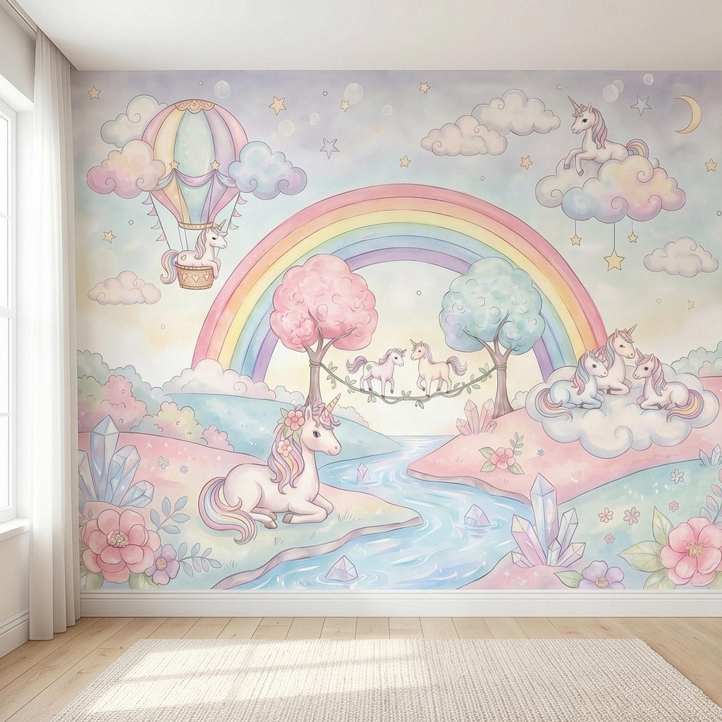 Pastel Unicorn Rainbow Peel and Stick Wall Mural, Watercolor Clouds Moon and Stars, Hot Air Balloon Fantasy Whimsical Crystal Kids Wallpaper