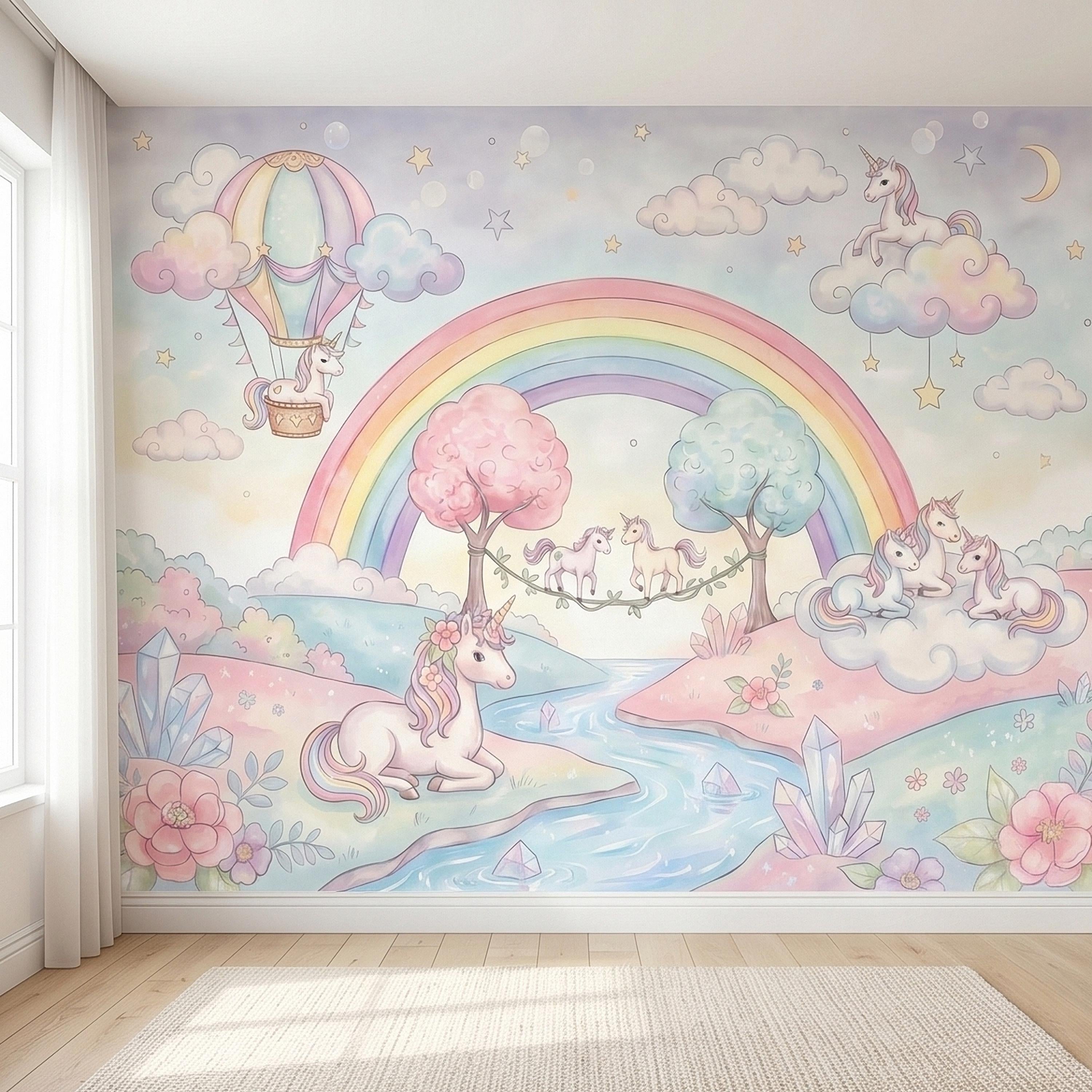 Pastel Unicorn Rainbow Peel and Stick Wall Mural, Watercolor Clouds Moon and Stars, Hot Air Balloon Fantasy Whimsical Crystal Kids Wallpaper