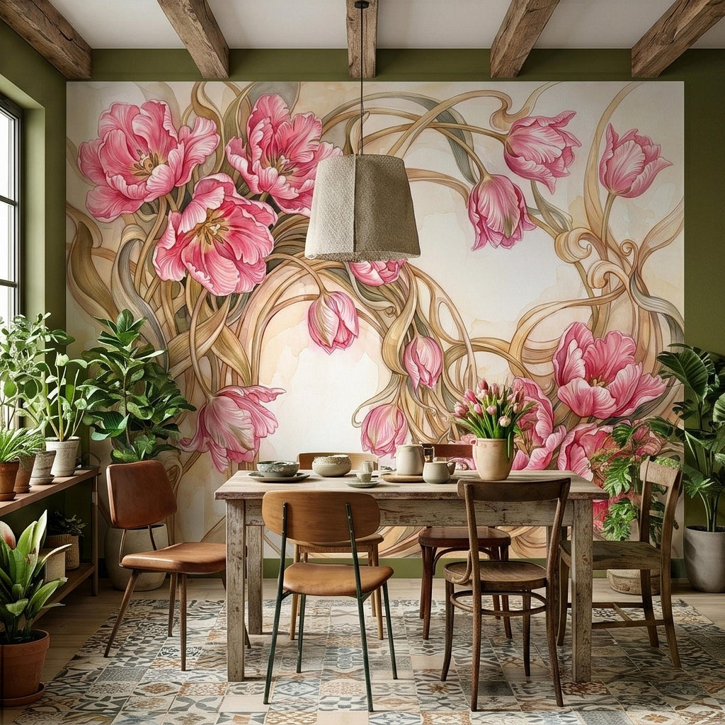 Pink Magnolia Flower Peel and Stick Wall Mural, Watercolor Floral Art Nouveau Swirls on Cream, Romantic Botanical Wallpaper