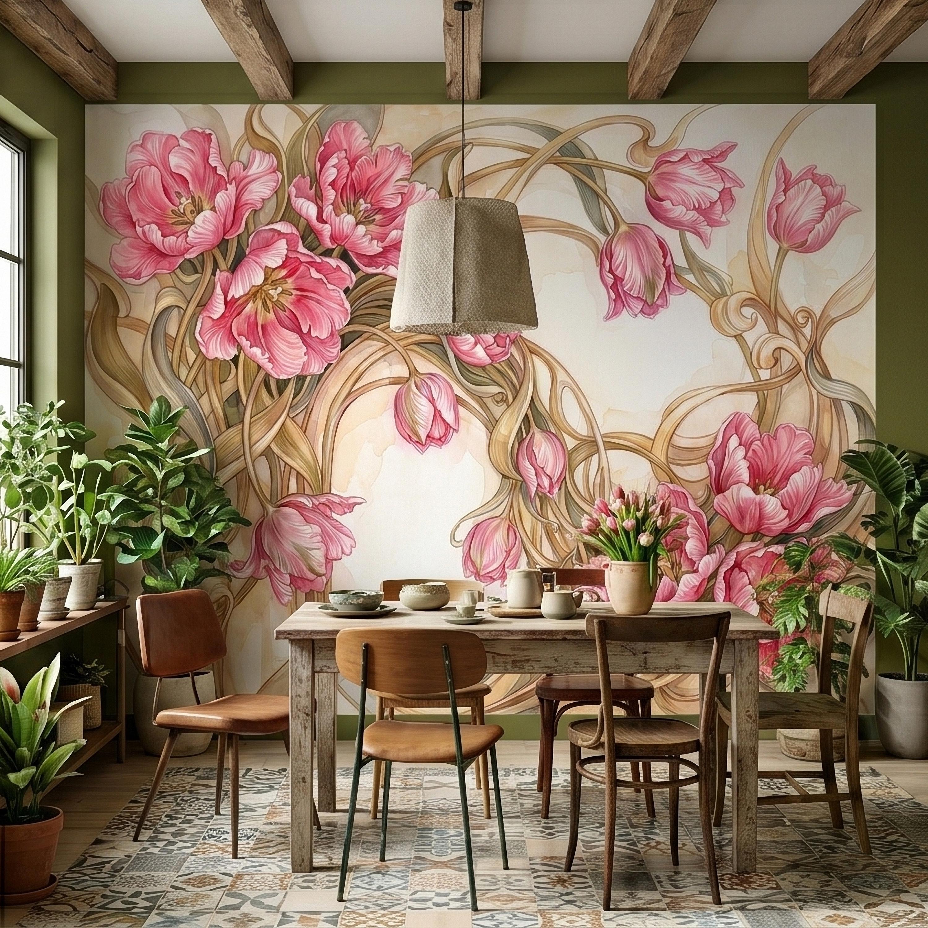 Pink Magnolia Flower Peel and Stick Wall Mural, Watercolor Floral Art Nouveau Swirls on Cream, Romantic Botanical Wallpaper