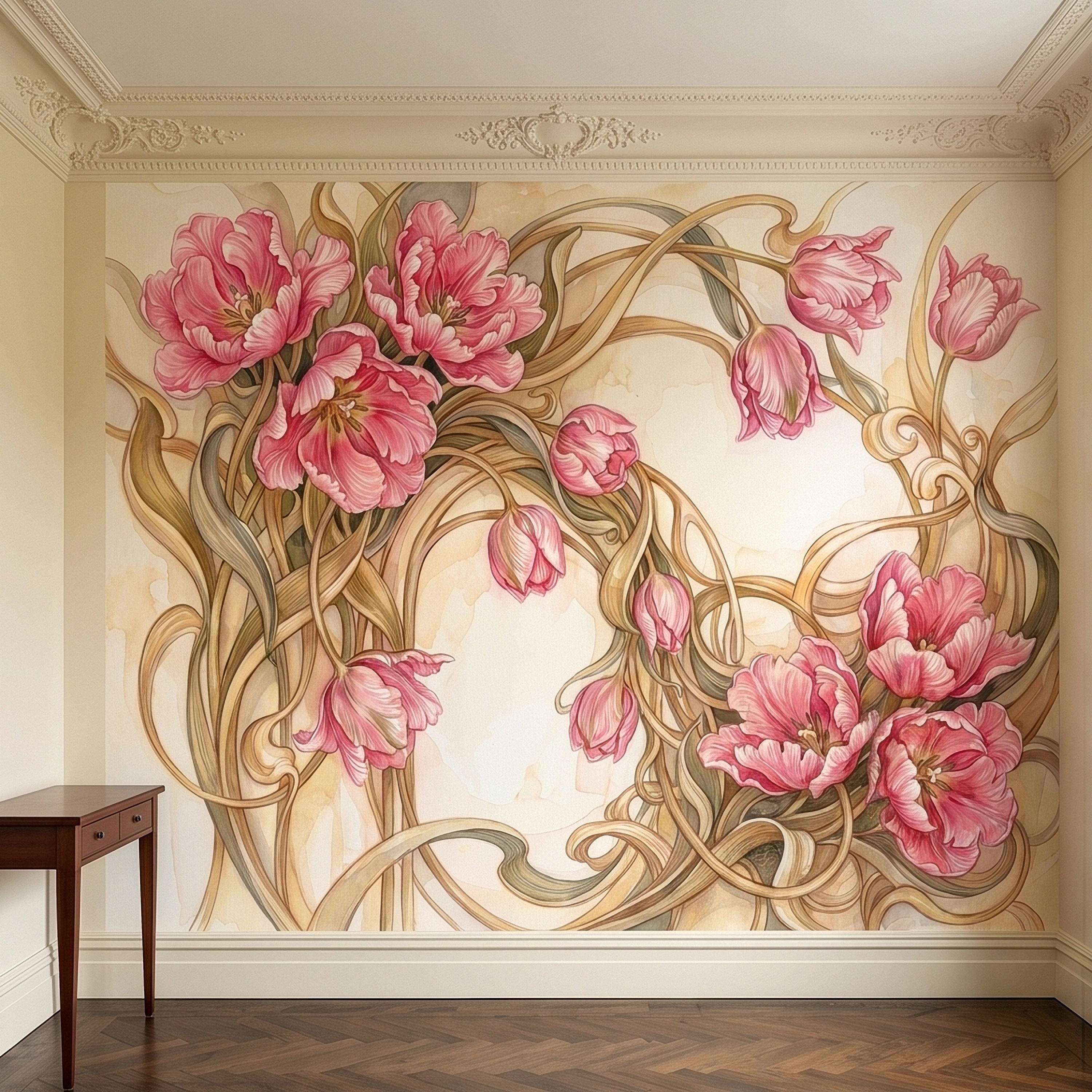 Pink Magnolia Flower Peel and Stick Wall Mural, Watercolor Floral Art Nouveau Swirls on Cream, Romantic Botanical Wallpaper