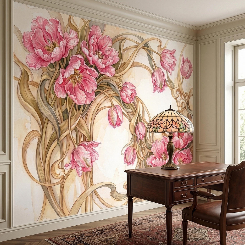 Pink Magnolia Flower Peel and Stick Wall Mural, Watercolor Floral Art Nouveau Swirls on Cream, Romantic Botanical Wallpaper