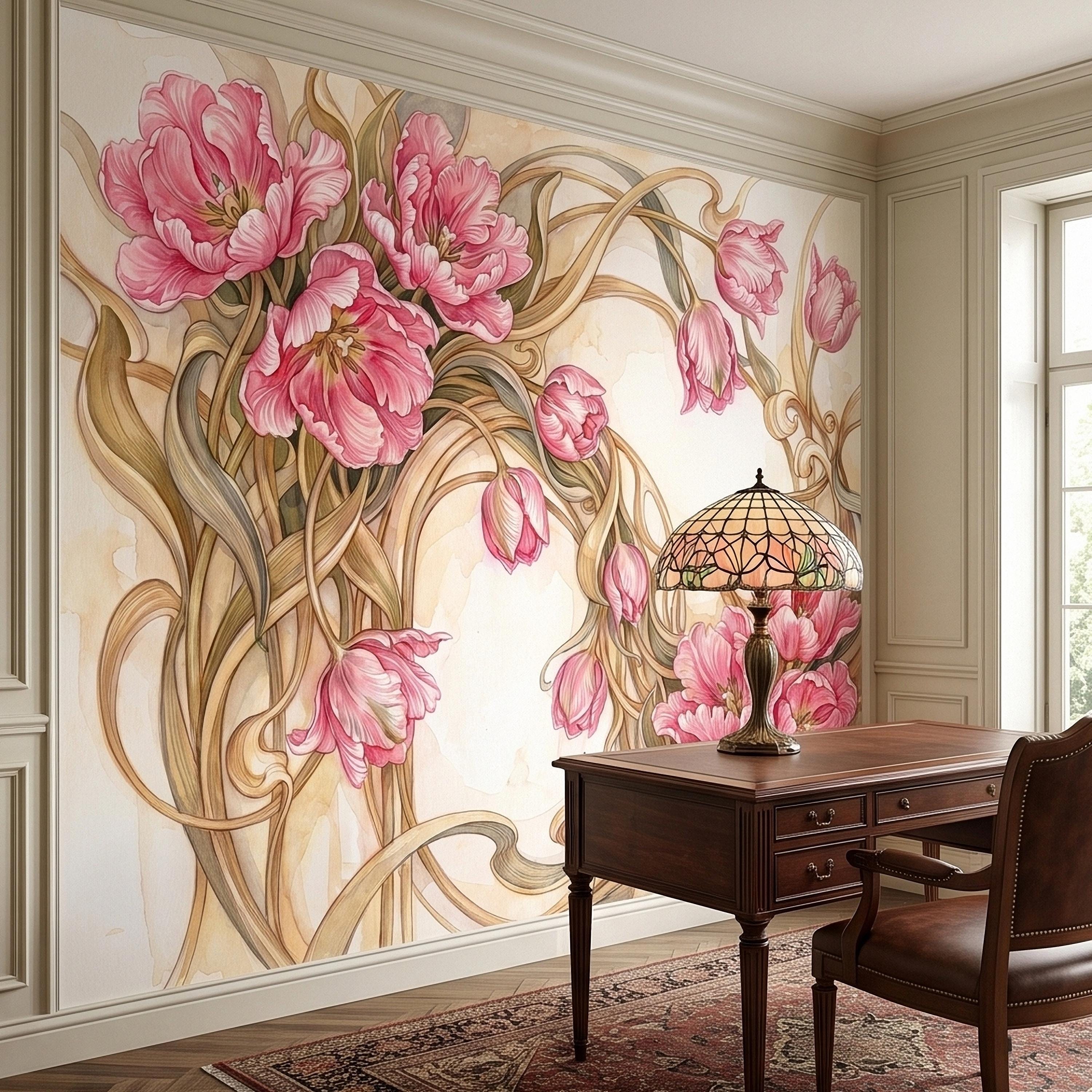 Pink Magnolia Flower Peel and Stick Wall Mural, Watercolor Floral Art Nouveau Swirls on Cream, Romantic Botanical Wallpaper