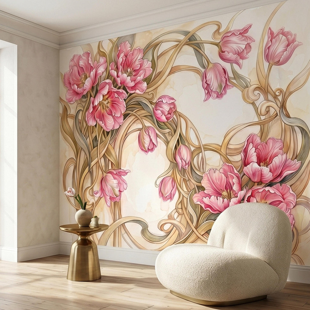 Pink Magnolia Flower Peel and Stick Wall Mural, Watercolor Floral Art Nouveau Swirls on Cream, Romantic Botanical Wallpaper