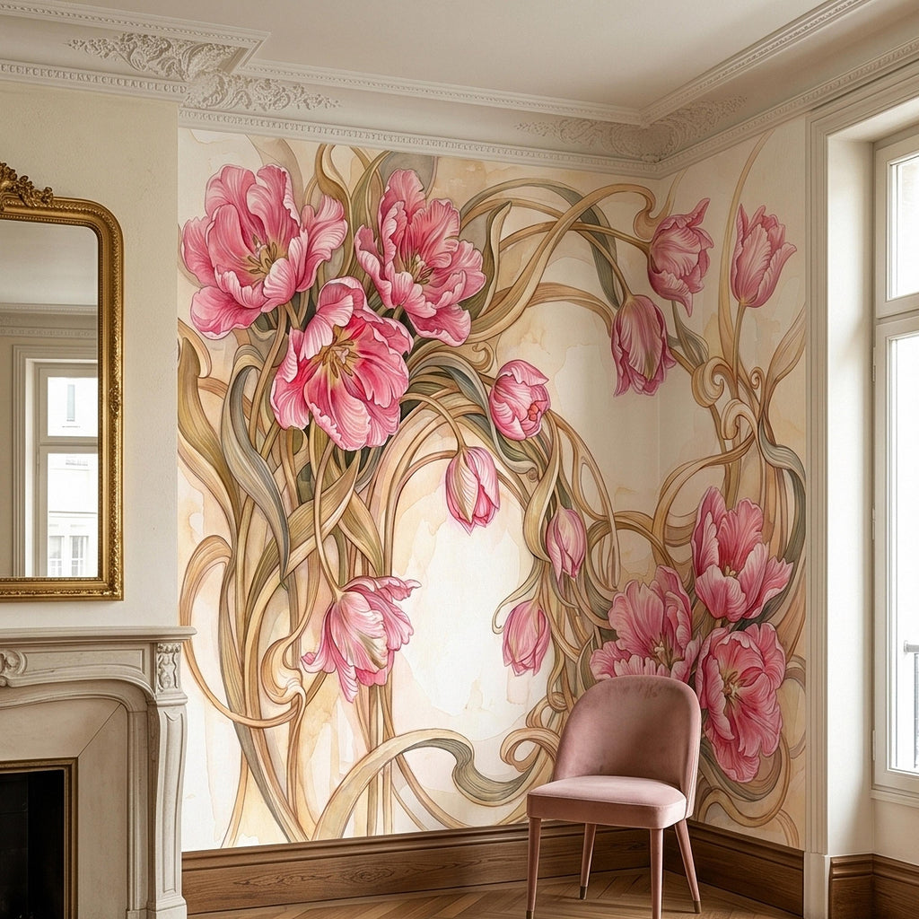 Pink Magnolia Flower Peel and Stick Wall Mural, Watercolor Floral Art Nouveau Swirls on Cream, Romantic Botanical Wallpaper