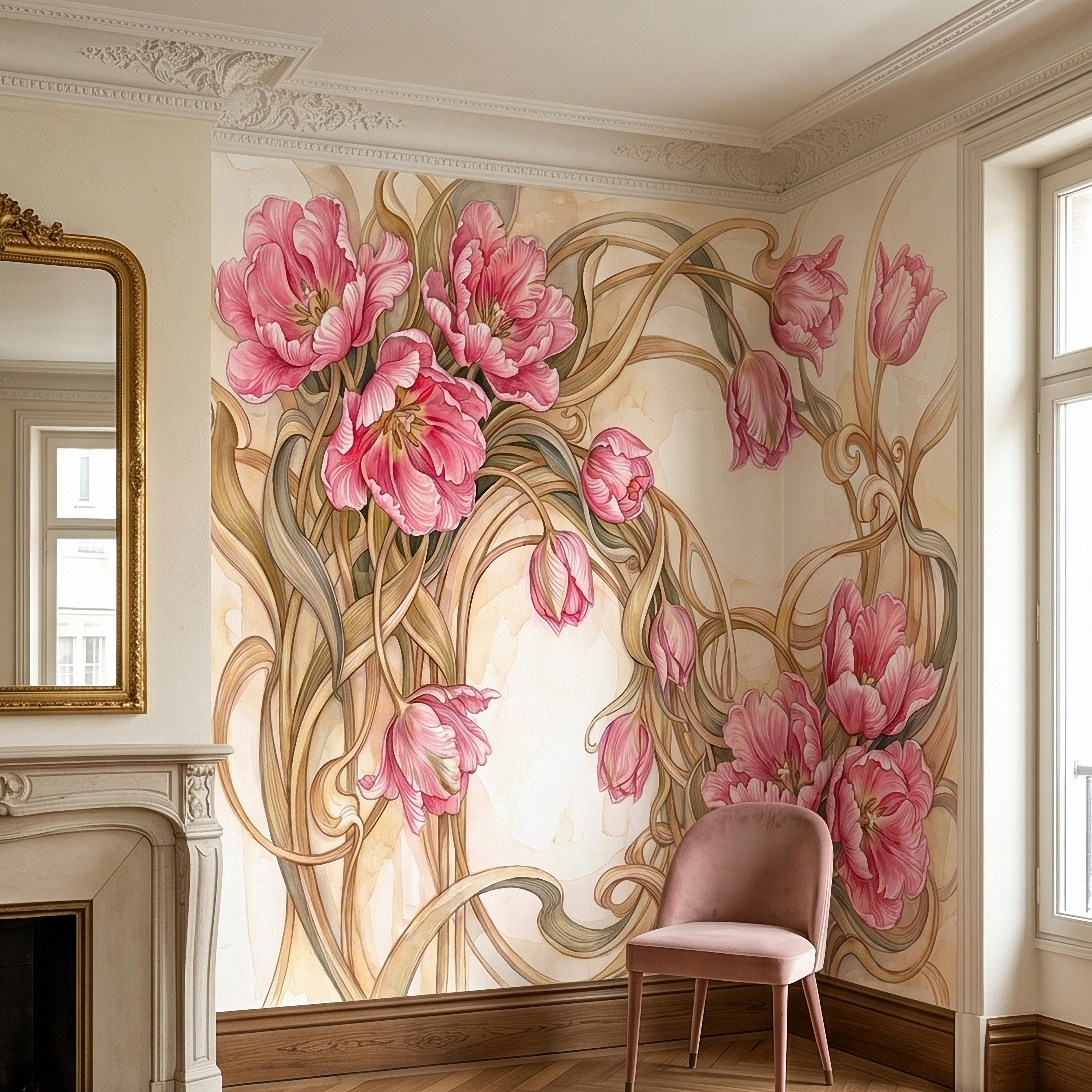 Pink Magnolia Flower Peel and Stick Wall Mural, Watercolor Floral Art Nouveau Swirls on Cream, Romantic Botanical Wallpaper