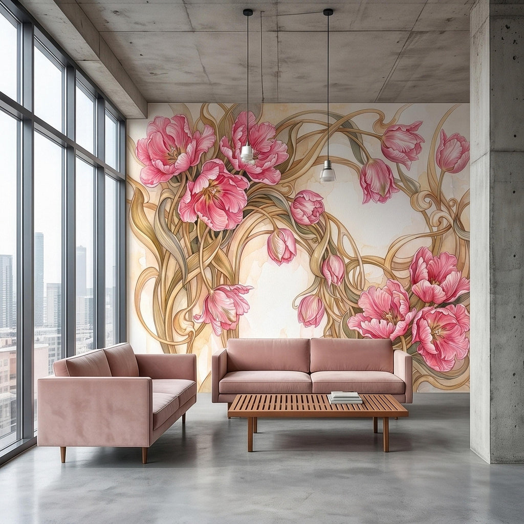 Pink Magnolia Flower Peel and Stick Wall Mural, Watercolor Floral Art Nouveau Swirls on Cream, Romantic Botanical Wallpaper