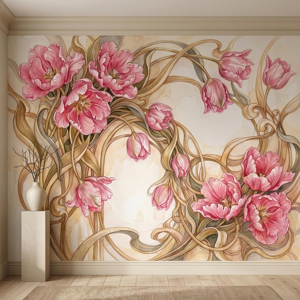 Pink Magnolia Flower Peel and Stick Wall Mural, Watercolor Floral Art Nouveau Swirls on Cream, Romantic Botanical Wallpaper