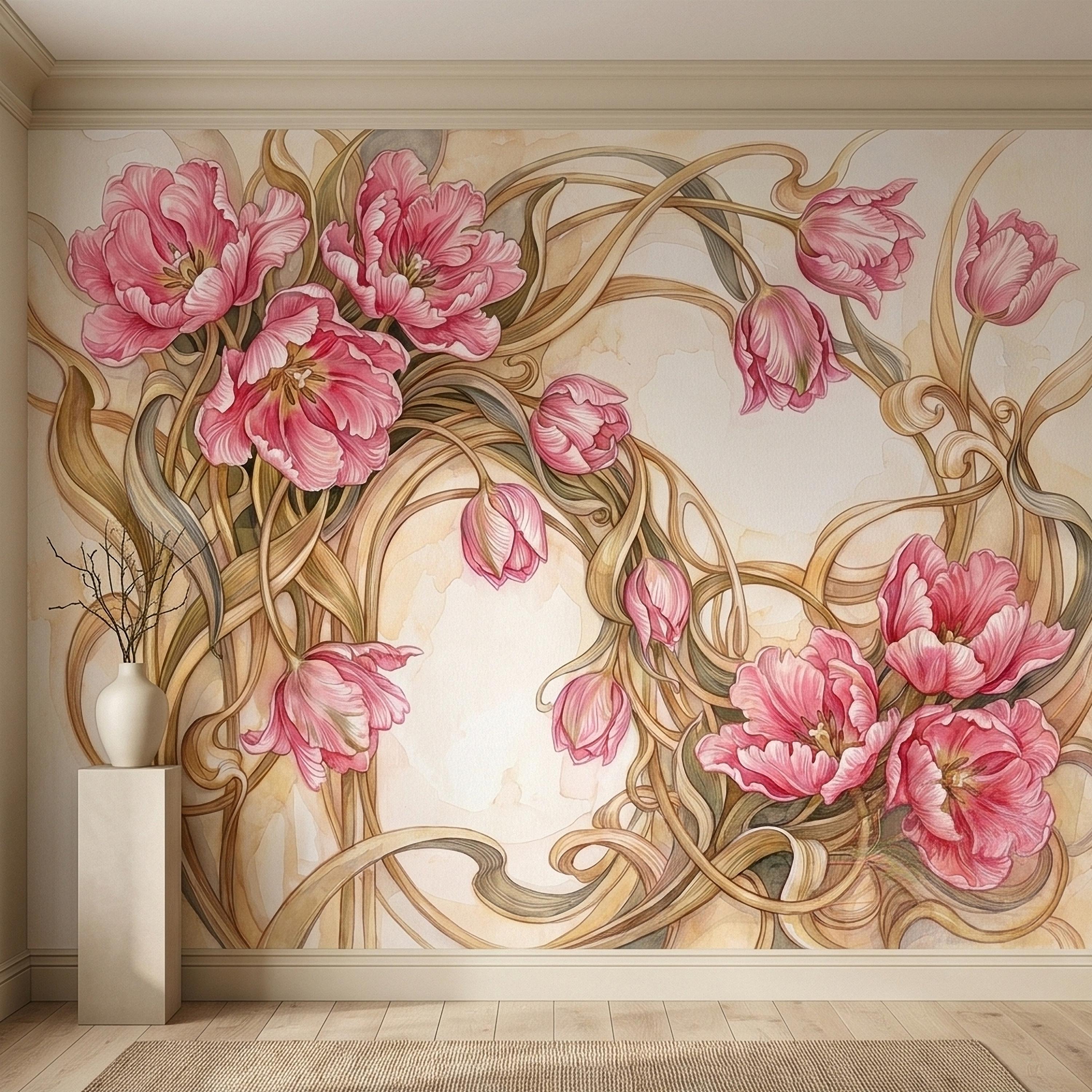 Pink Magnolia Flower Peel and Stick Wall Mural, Watercolor Floral Art Nouveau Swirls on Cream, Romantic Botanical Wallpaper