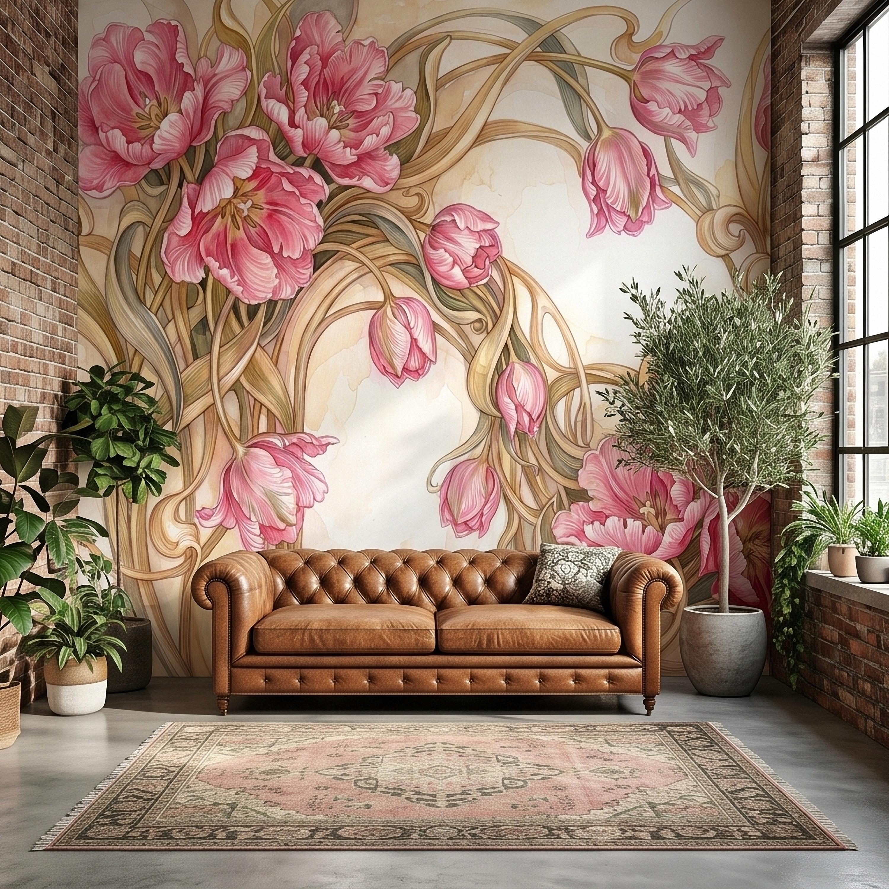 Pink Magnolia Flower Peel and Stick Wall Mural, Watercolor Floral Art Nouveau Swirls on Cream, Romantic Botanical Wallpaper