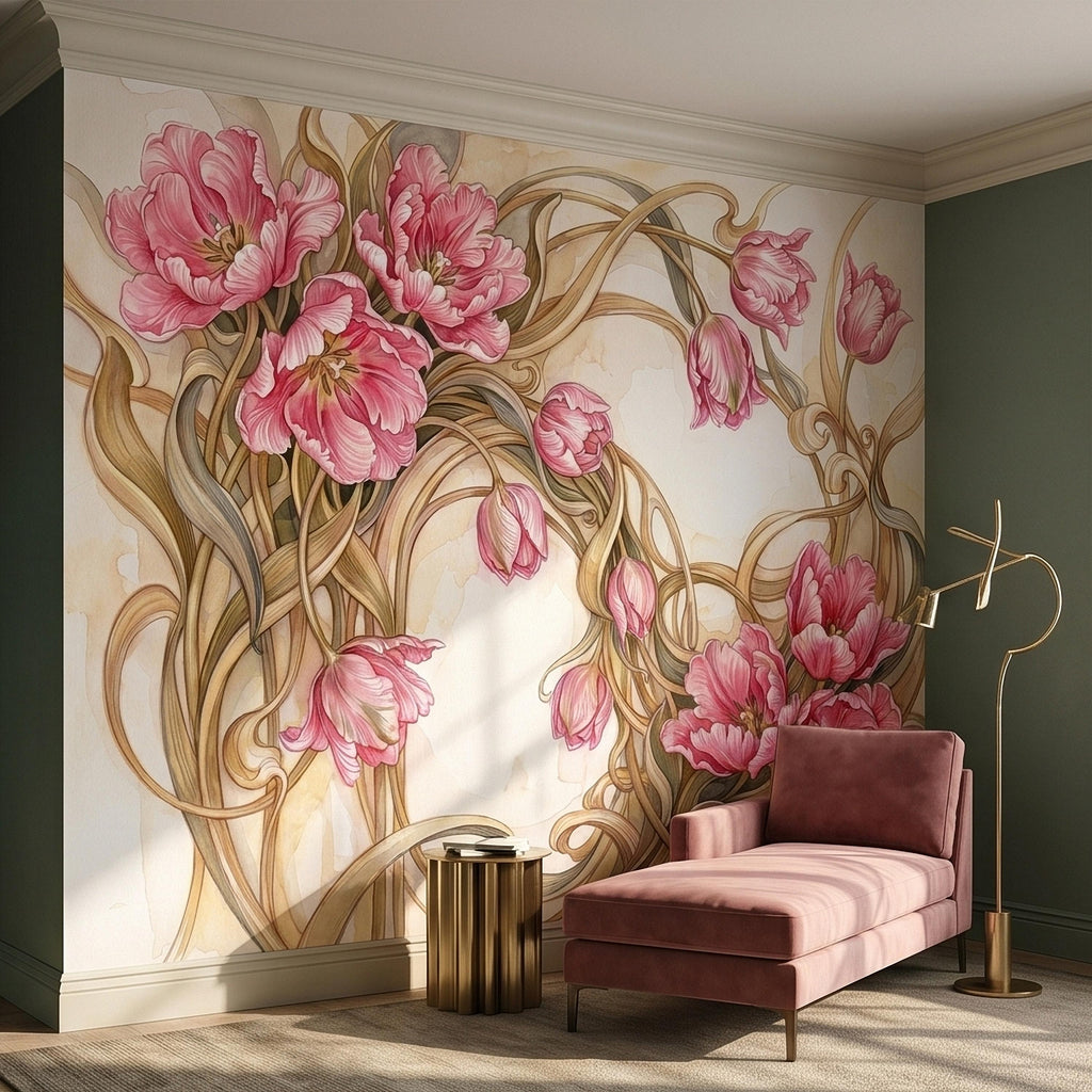 Pink Magnolia Flower Peel and Stick Wall Mural, Watercolor Floral Art Nouveau Swirls on Cream, Romantic Botanical Wallpaper