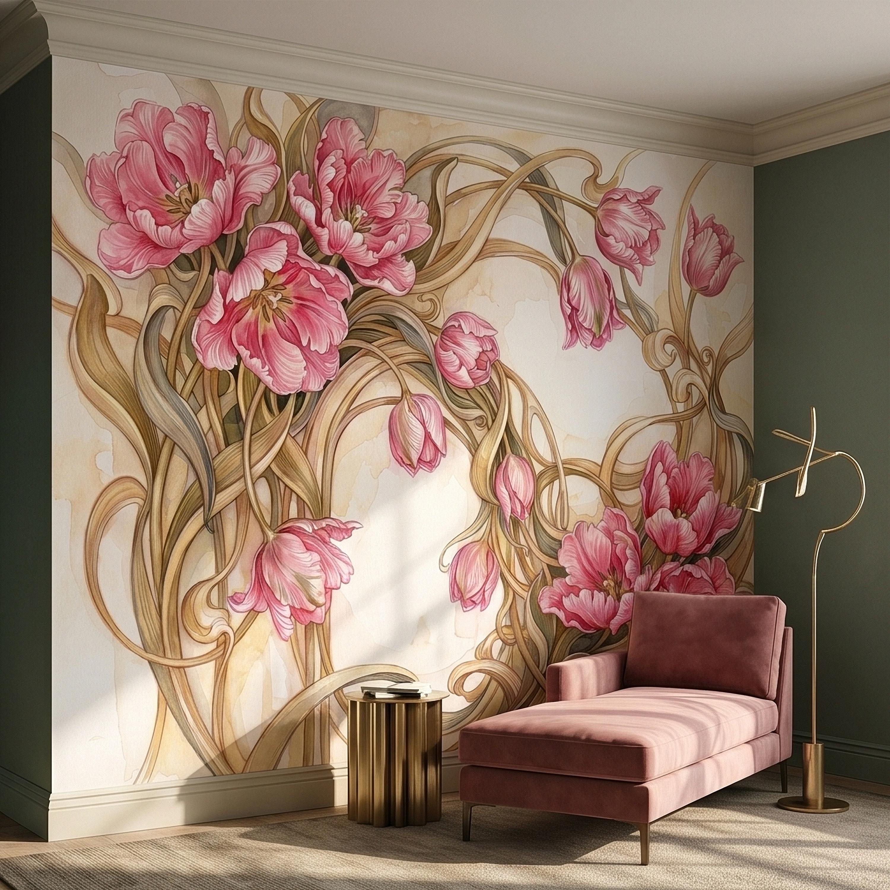Pink Magnolia Flower Peel and Stick Wall Mural, Watercolor Floral Art Nouveau Swirls on Cream, Romantic Botanical Wallpaper