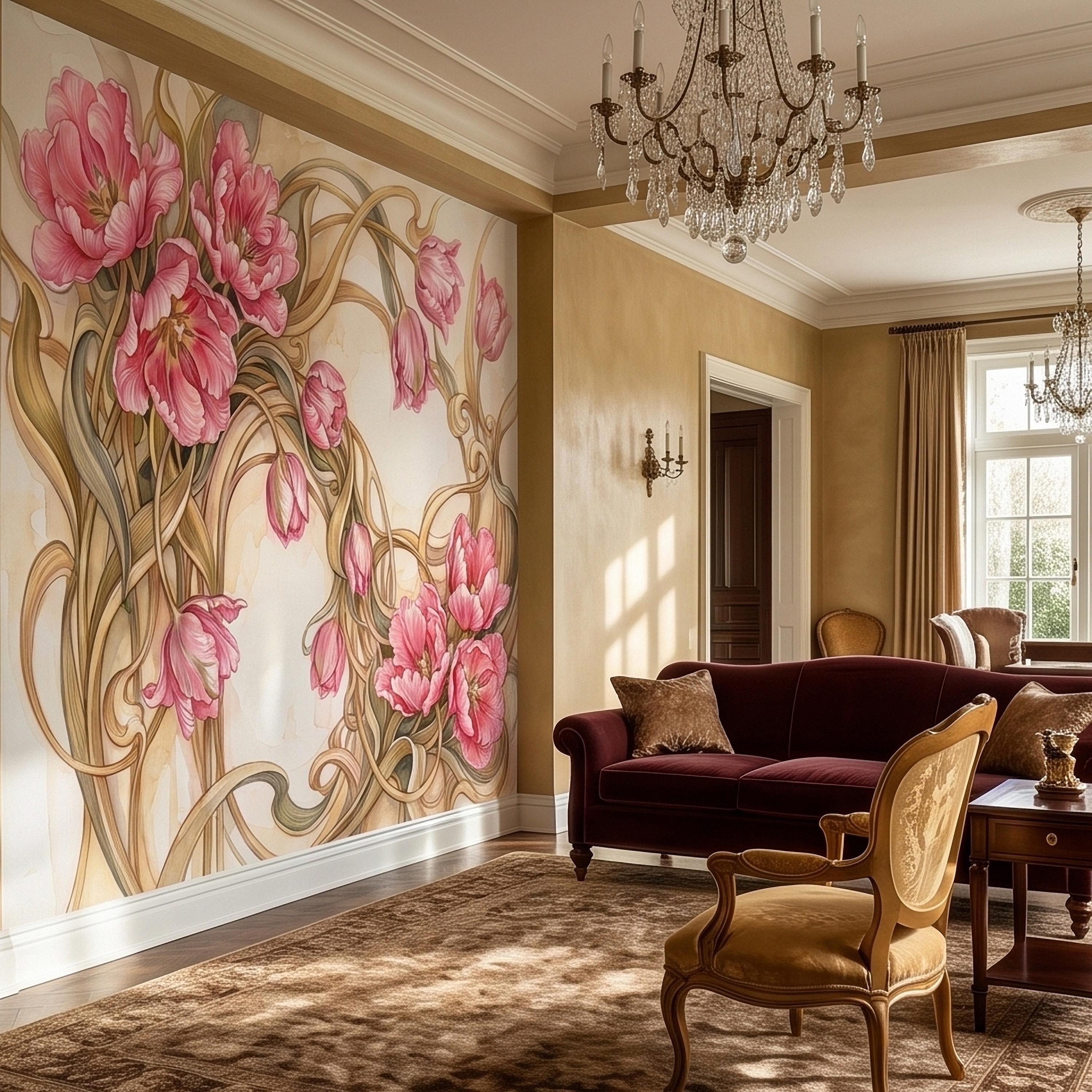Pink Magnolia Flower Peel and Stick Wall Mural, Watercolor Floral Art Nouveau Swirls on Cream, Romantic Botanical Wallpaper