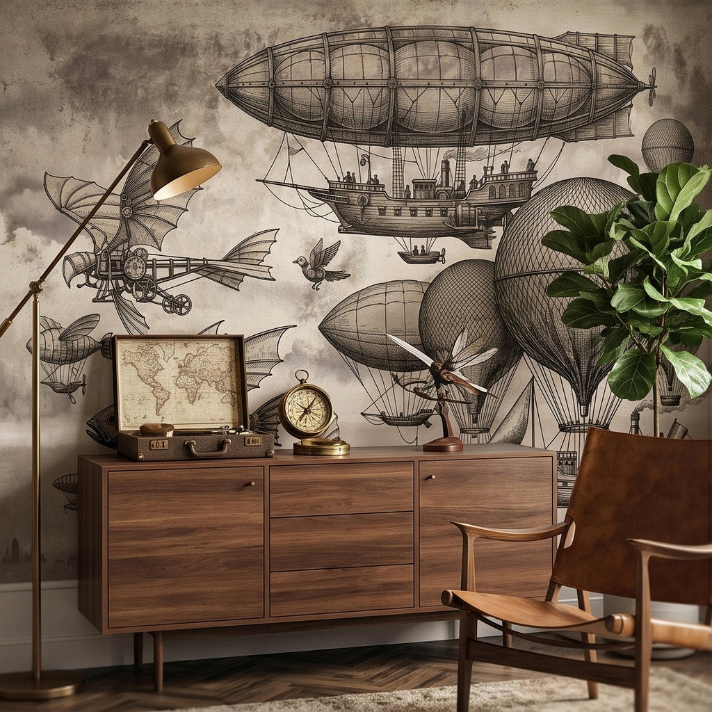 Steampunk Airship Peel and Stick Wall Mural, Vintage Zeppelin and Hot Air Balloon Sky with Flying Fish, Victorian Sepia Sketch Wallpaper
