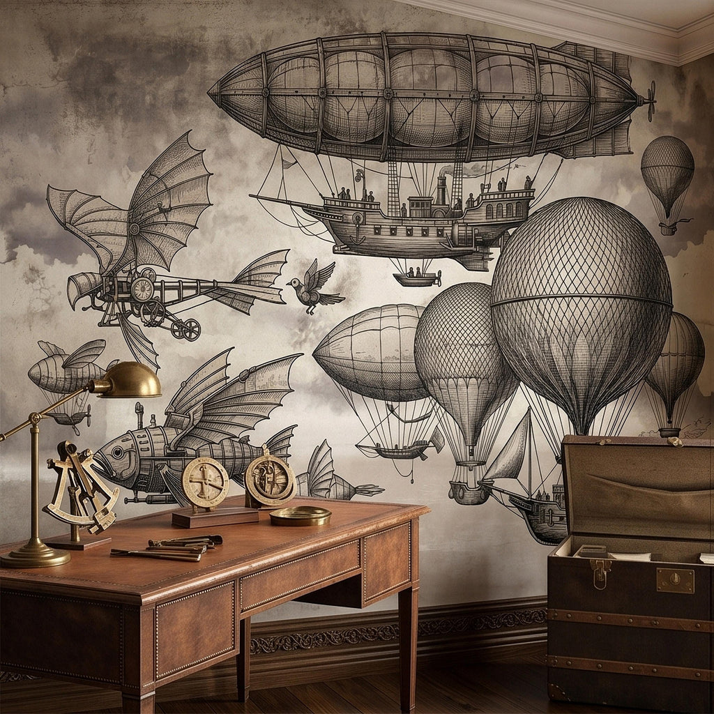 Steampunk Airship Peel and Stick Wall Mural, Vintage Zeppelin and Hot Air Balloon Sky with Flying Fish, Victorian Sepia Sketch Wallpaper