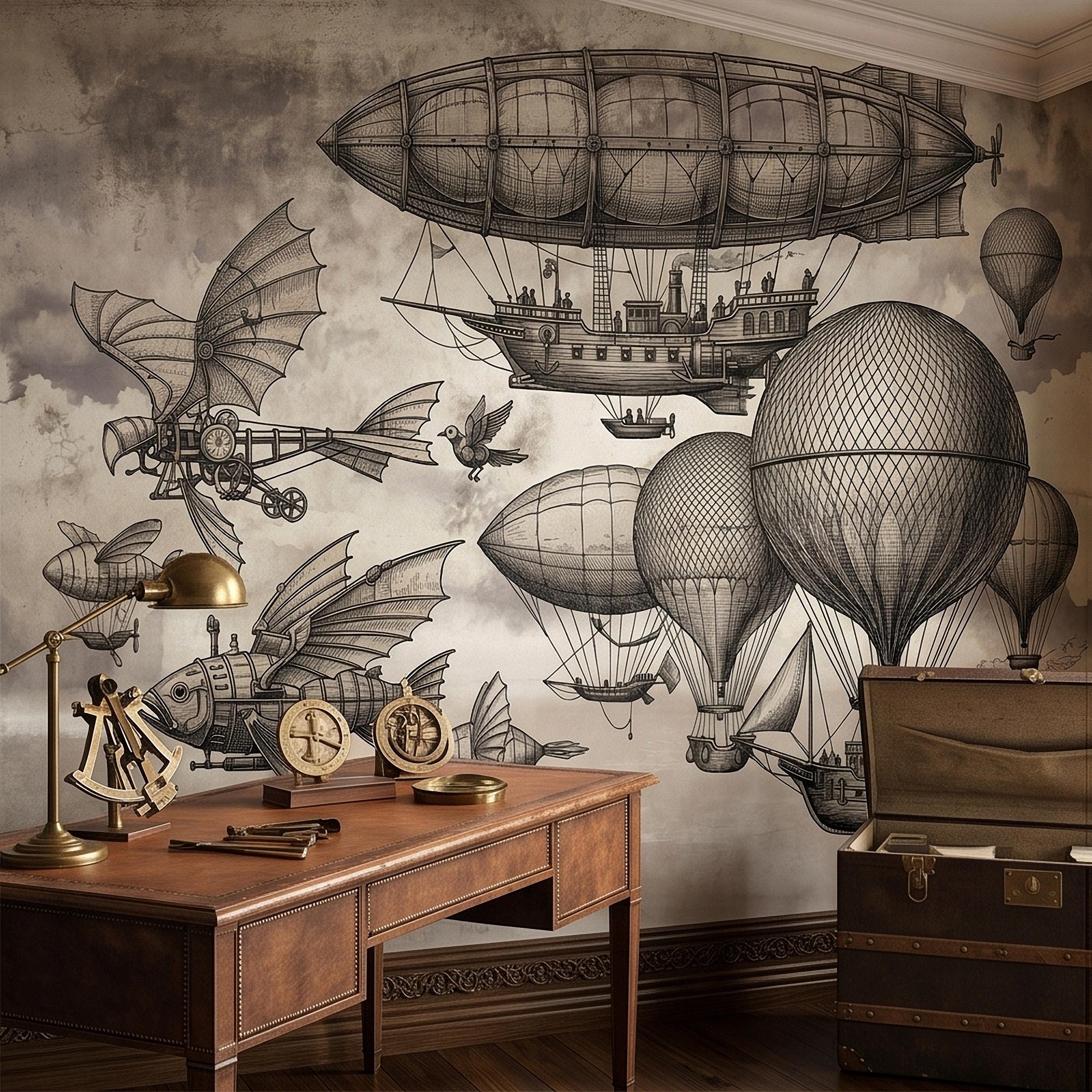 Steampunk Airship Peel and Stick Wall Mural, Vintage Zeppelin and Hot Air Balloon Sky with Flying Fish, Victorian Sepia Sketch Wallpaper