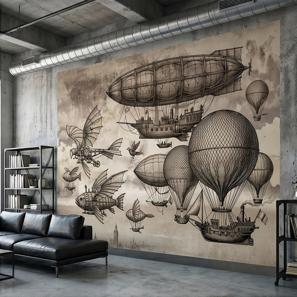 Steampunk Airship Peel and Stick Wall Mural, Vintage Zeppelin and Hot Air Balloon Sky with Flying Fish, Victorian Sepia Sketch Wallpaper