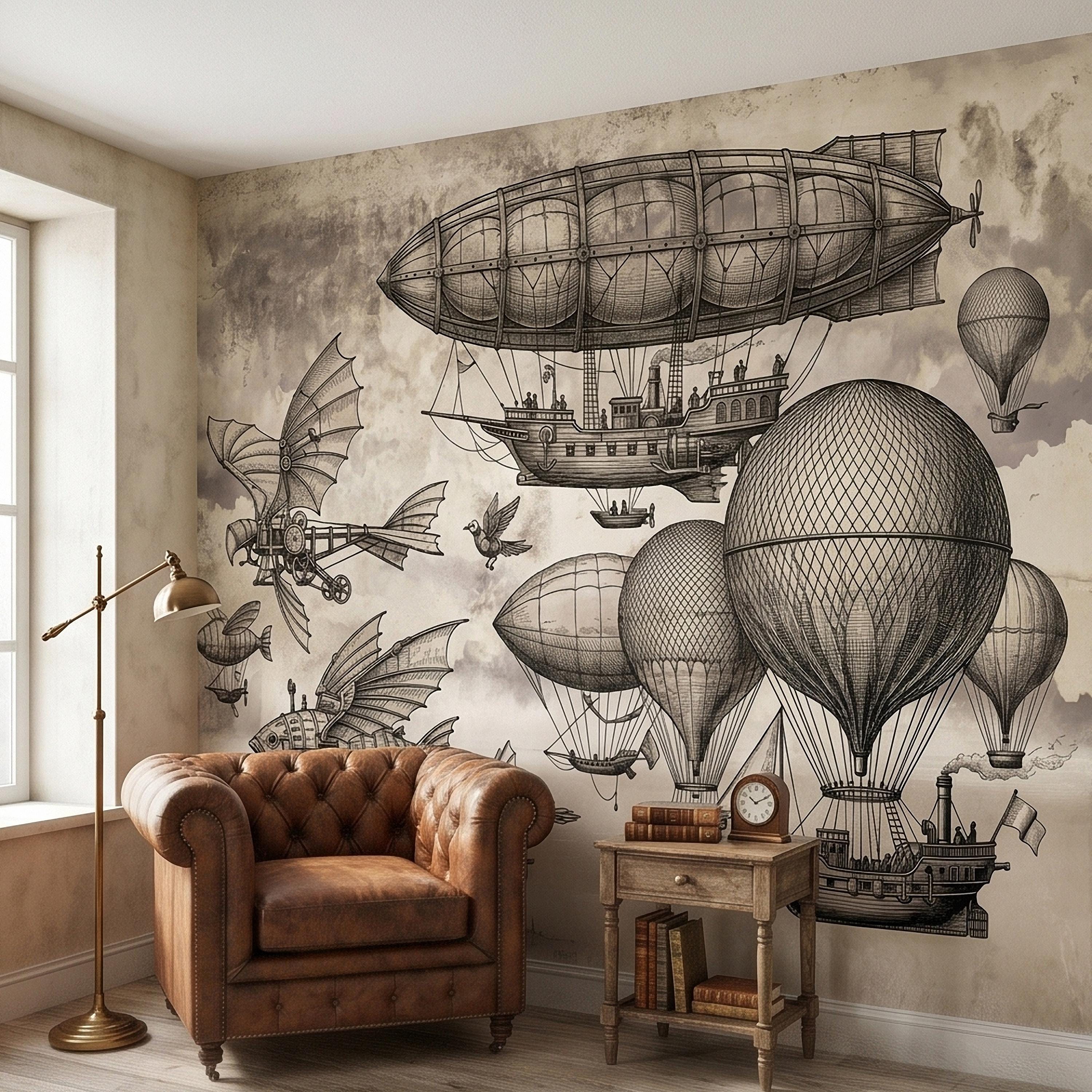 Steampunk Airship Peel and Stick Wall Mural, Vintage Zeppelin and Hot Air Balloon Sky with Flying Fish, Victorian Sepia Sketch Wallpaper
