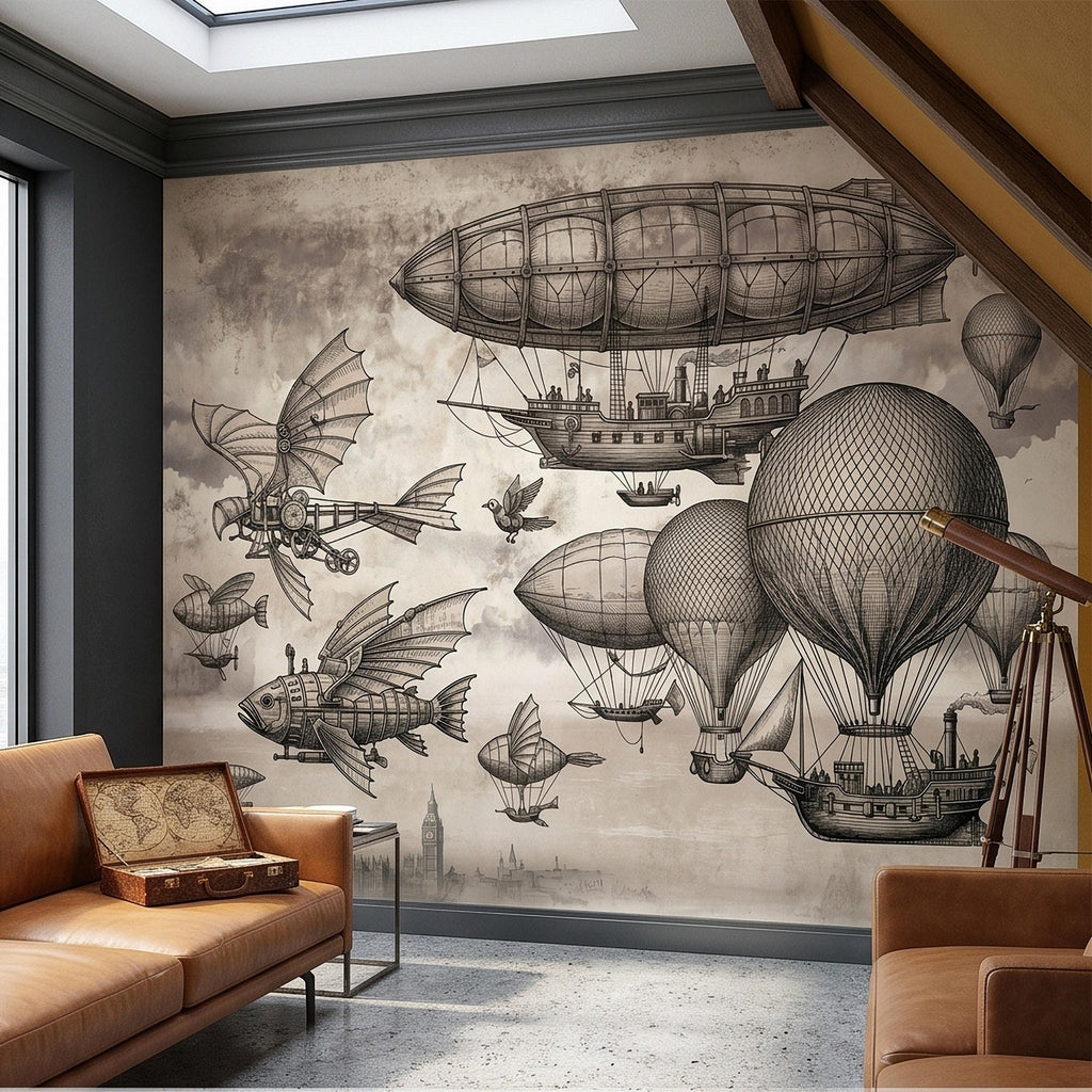 Steampunk Airship Peel and Stick Wall Mural, Vintage Zeppelin and Hot Air Balloon Sky with Flying Fish, Victorian Sepia Sketch Wallpaper
