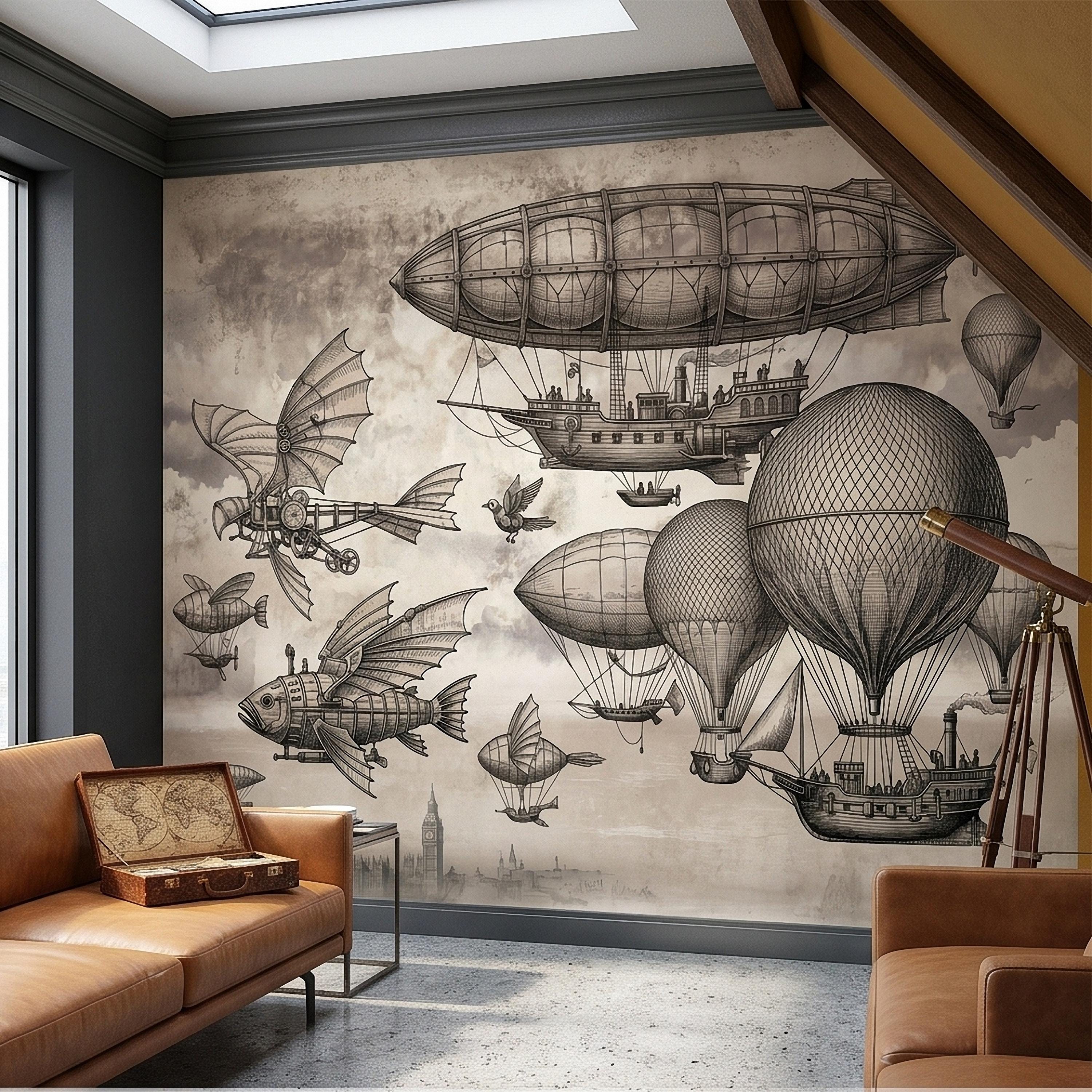 Steampunk Airship Peel and Stick Wall Mural, Vintage Zeppelin and Hot Air Balloon Sky with Flying Fish, Victorian Sepia Sketch Wallpaper