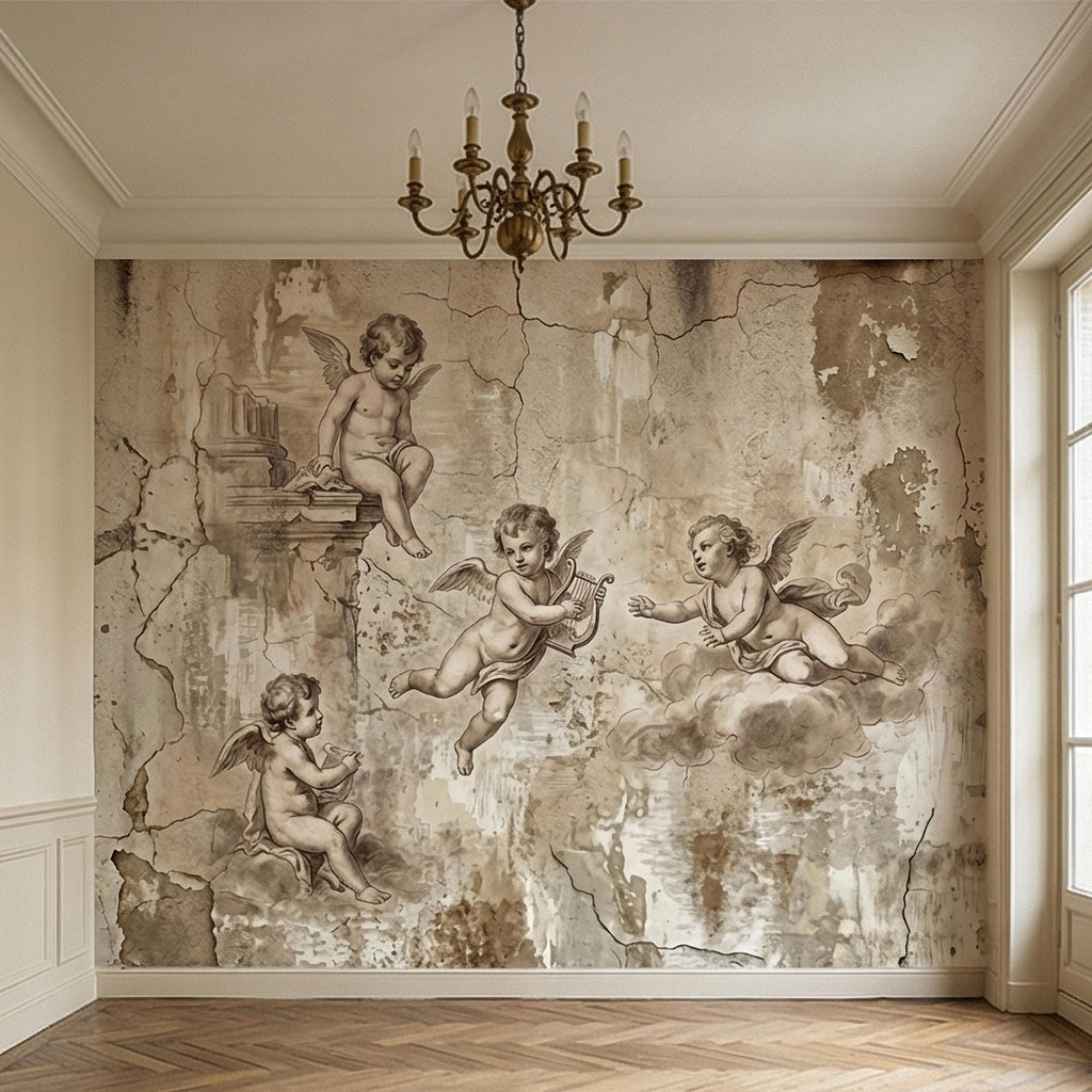 Vintage Cherub Angels on Clouds Peel and Stick Wall Mural, Old World Patina Antique Engraving Renaissance Fresco Plaster Texture wallpaper