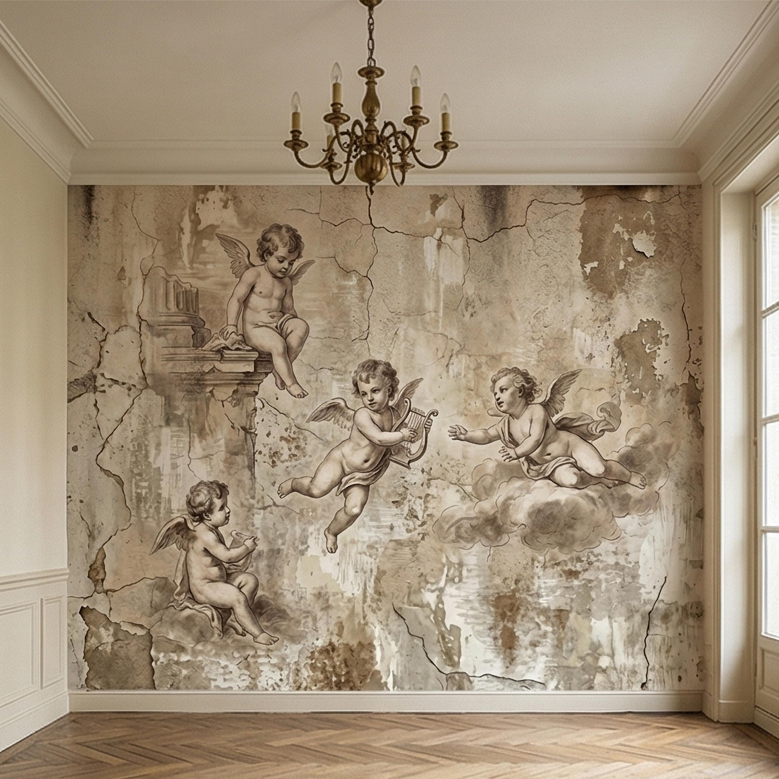 Vintage Cherub Angels on Clouds Peel and Stick Wall Mural, Old World Patina Antique Engraving Renaissance Fresco Plaster Texture wallpaper