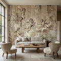Vintage Cherub Angels on Clouds Peel and Stick Wall Mural, Old World Patina Antique Engraving Renaissance Fresco Plaster Texture wallpaper