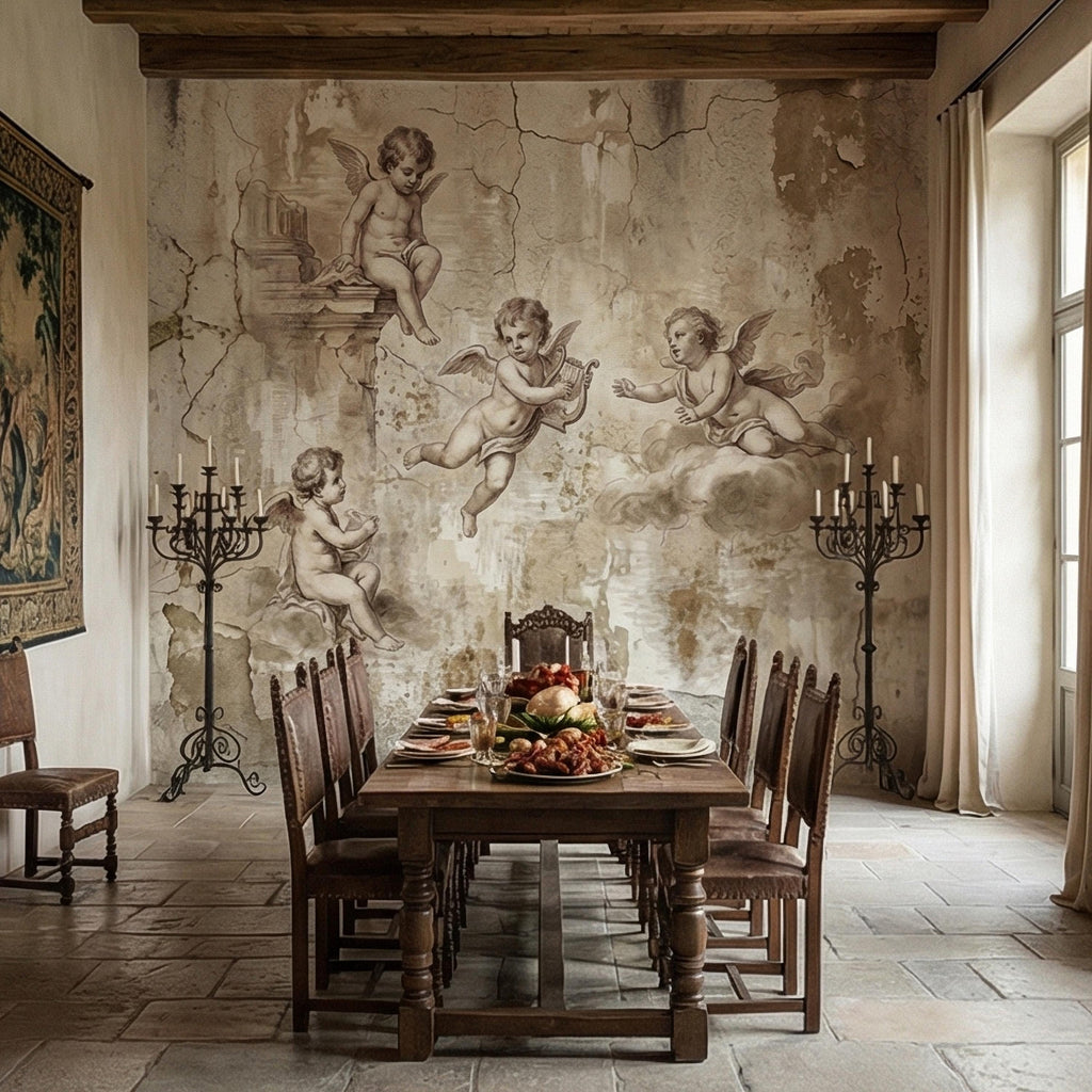 Vintage Cherub Angels on Clouds Peel and Stick Wall Mural, Old World Patina Antique Engraving Renaissance Fresco Plaster Texture wallpaper