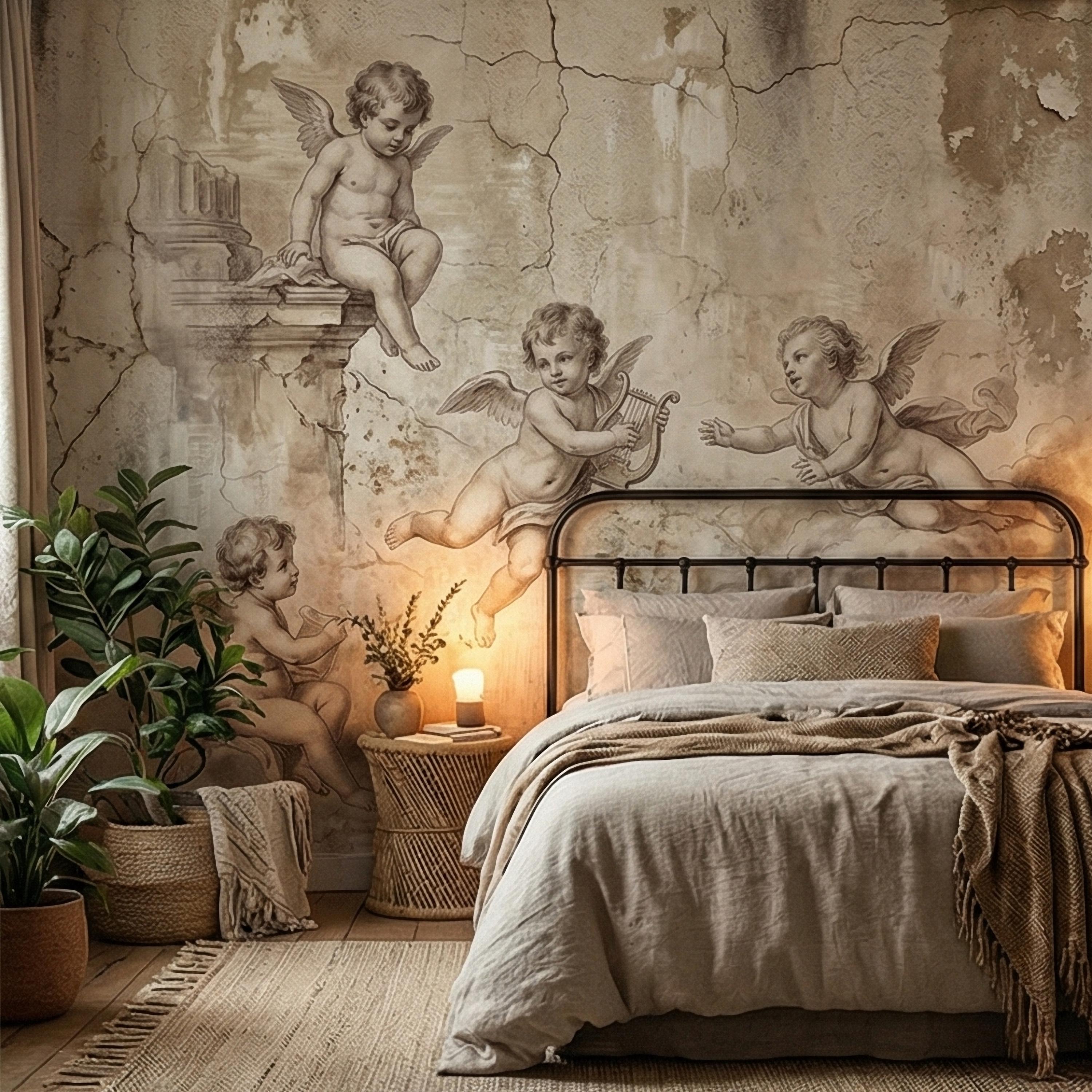 Vintage Cherub Angels on Clouds Peel and Stick Wall Mural, Old World Patina Antique Engraving Renaissance Fresco Plaster Texture wallpaper