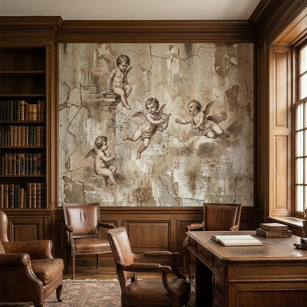 Vintage Cherub Angels on Clouds Peel and Stick Wall Mural, Old World Patina Antique Engraving Renaissance Fresco Plaster Texture wallpaper