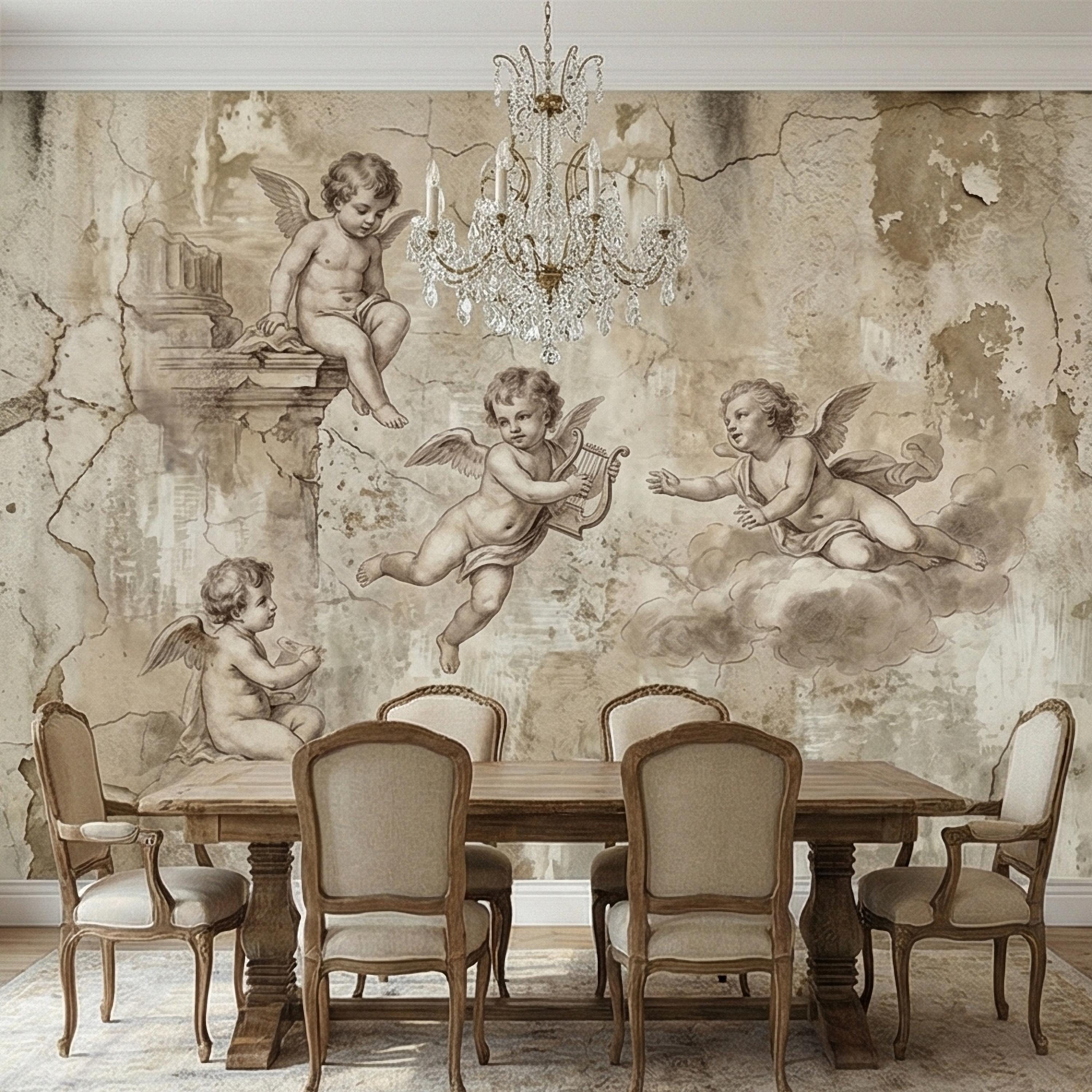 Vintage Cherub Angels on Clouds Peel and Stick Wall Mural, Old World Patina Antique Engraving Renaissance Fresco Plaster Texture wallpaper