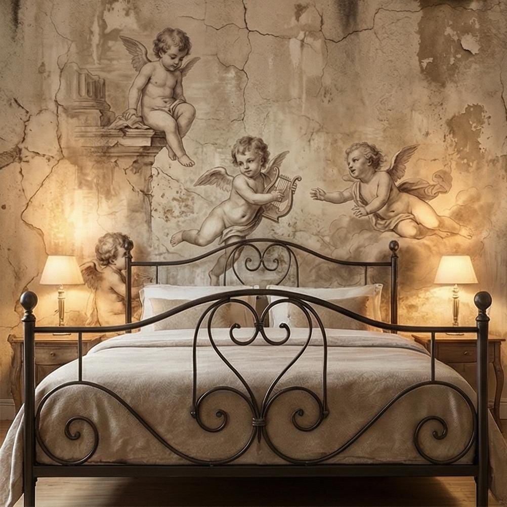 Vintage Cherub Angels on Clouds Peel and Stick Wall Mural, Old World Patina Antique Engraving Renaissance Fresco Plaster Texture wallpaper