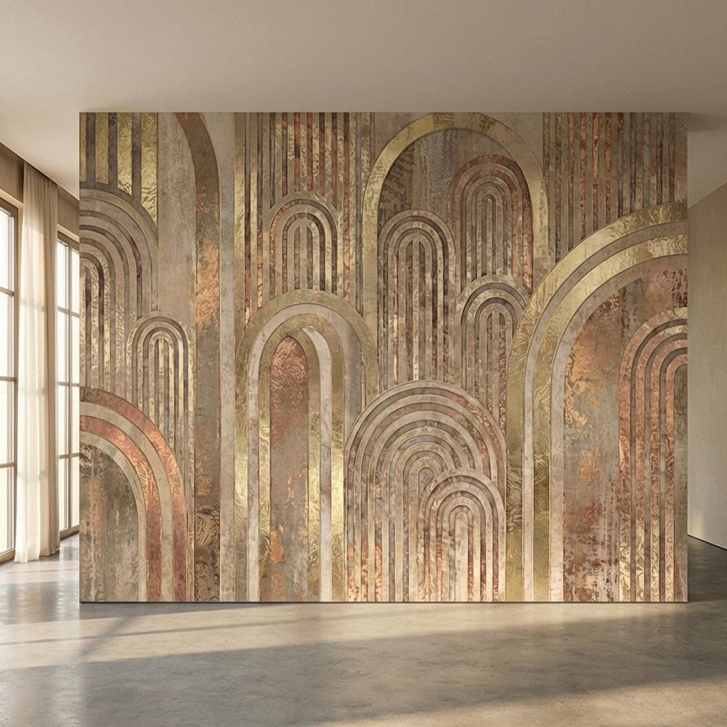 Vintage Gold Arch Columns on Antique Plaster Patina Peel and Stick Wall Mural, Old World Beige Fresco Texture Retro Art Deco Style Wallpaper