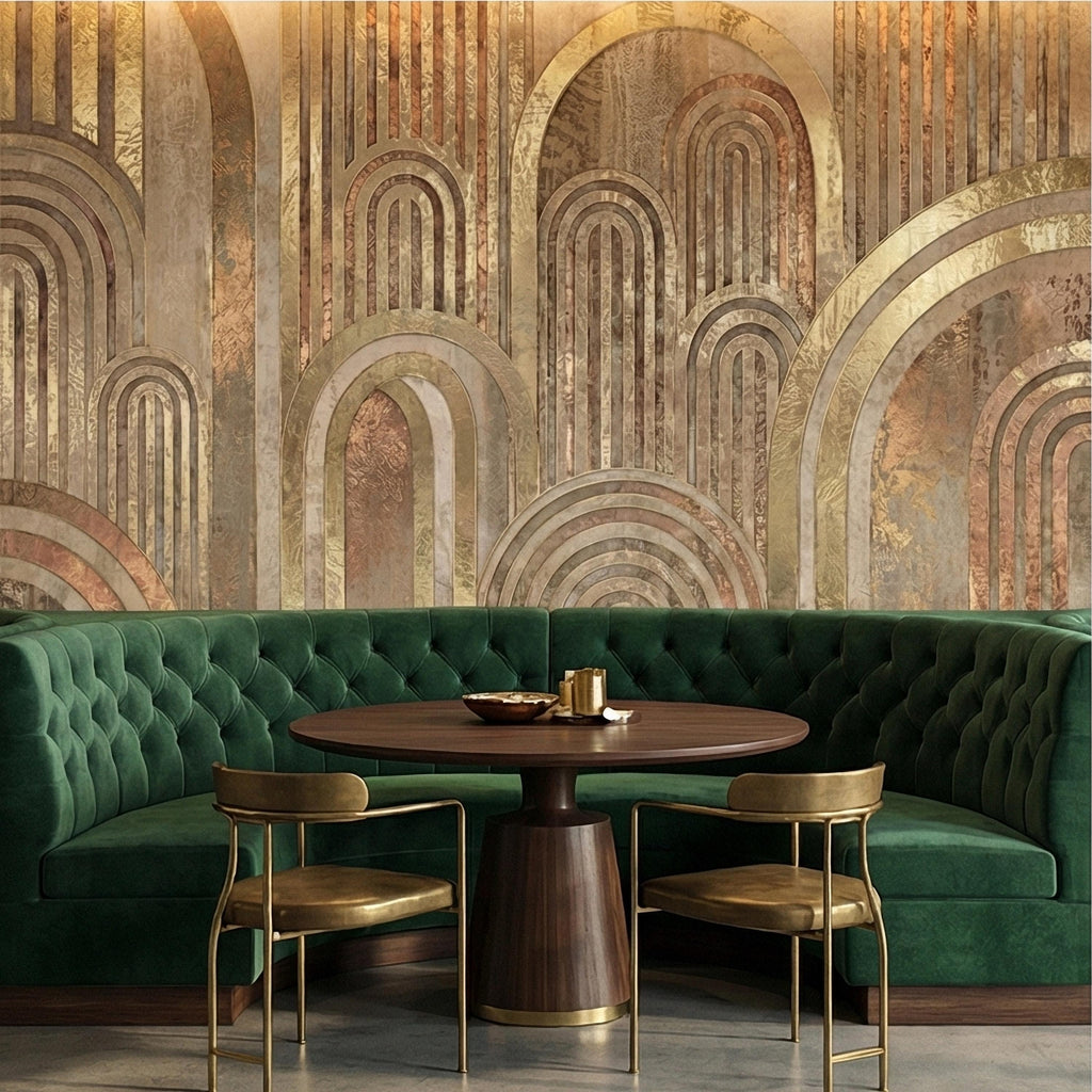 Vintage Gold Arch Columns on Antique Plaster Patina Peel and Stick Wall Mural, Old World Beige Fresco Texture Retro Art Deco Style Wallpaper