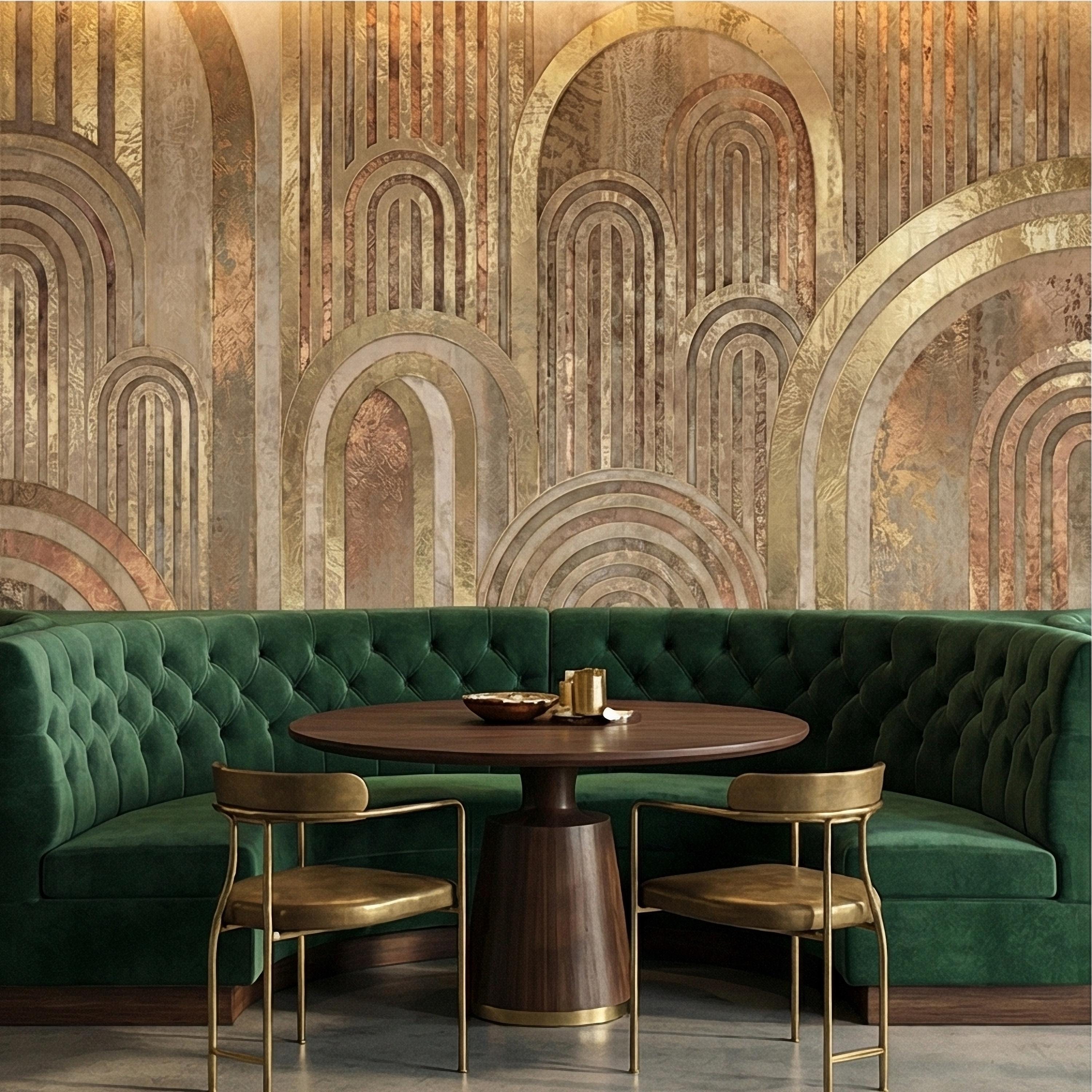 Vintage Gold Arch Columns on Antique Plaster Patina Peel and Stick Wall Mural, Old World Beige Fresco Texture Retro Art Deco Style Wallpaper