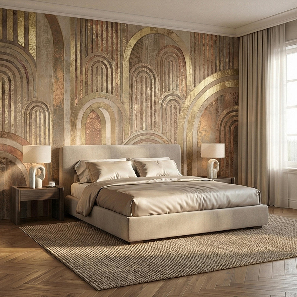 Vintage Gold Arch Columns on Antique Plaster Patina Peel and Stick Wall Mural, Old World Beige Fresco Texture Retro Art Deco Style Wallpaper