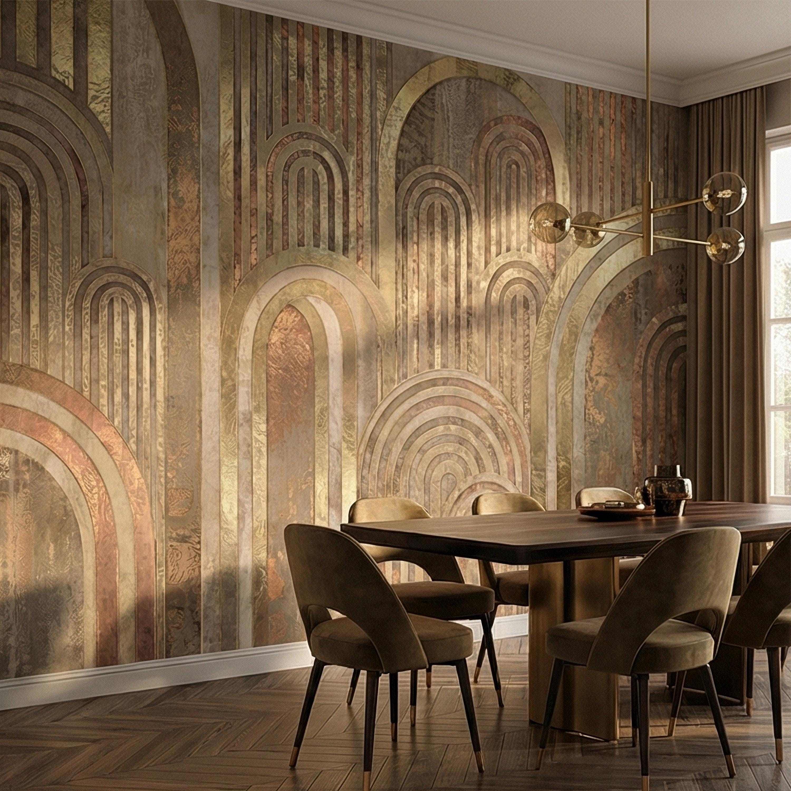 Vintage Gold Arch Columns on Antique Plaster Patina Peel and Stick Wall Mural, Old World Beige Fresco Texture Retro Art Deco Style Wallpaper