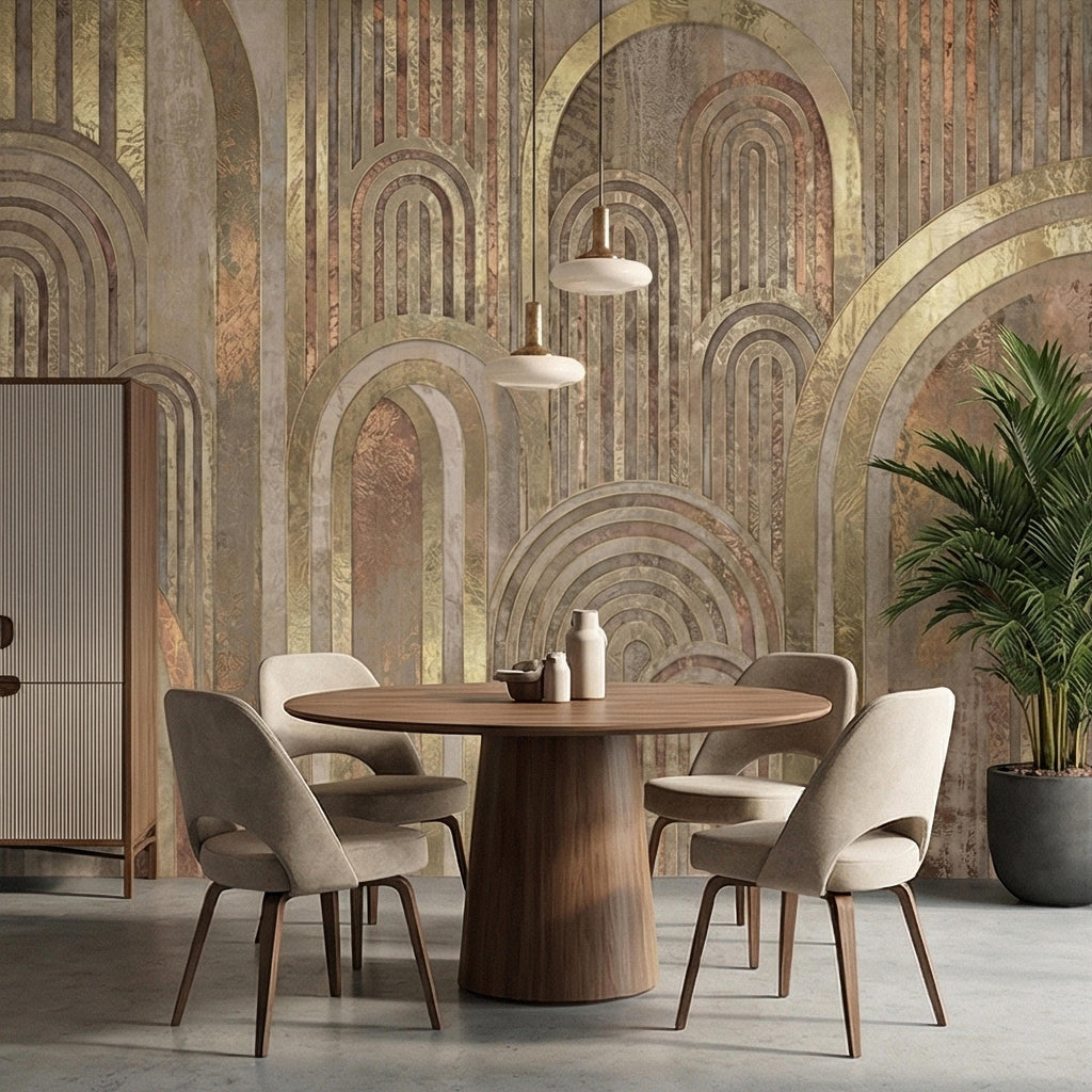 Vintage Gold Arch Columns on Antique Plaster Patina Peel and Stick Wall Mural, Old World Beige Fresco Texture Retro Art Deco Style Wallpaper
