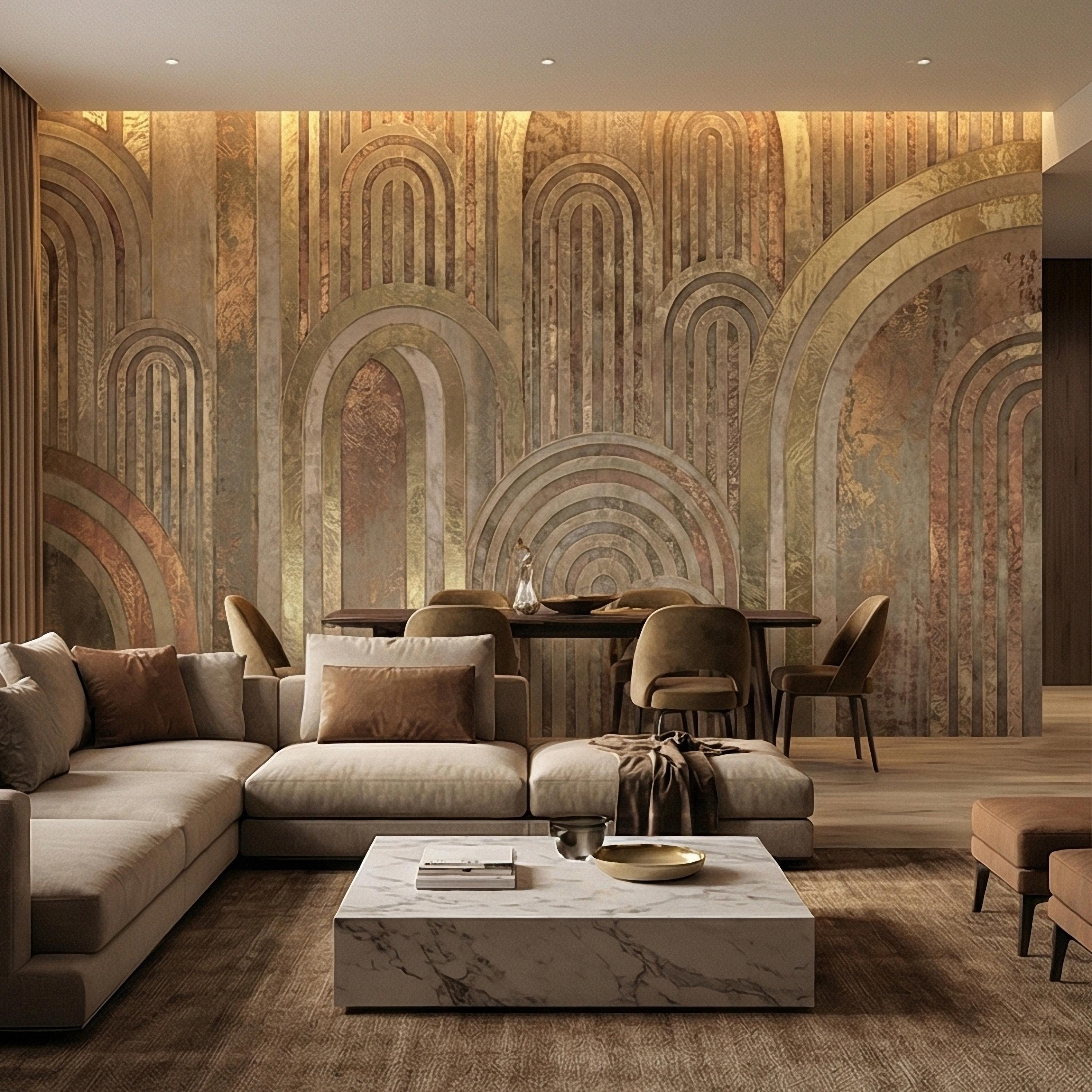 Vintage Gold Arch Columns on Antique Plaster Patina Peel and Stick Wall Mural, Old World Beige Fresco Texture Retro Art Deco Style Wallpaper