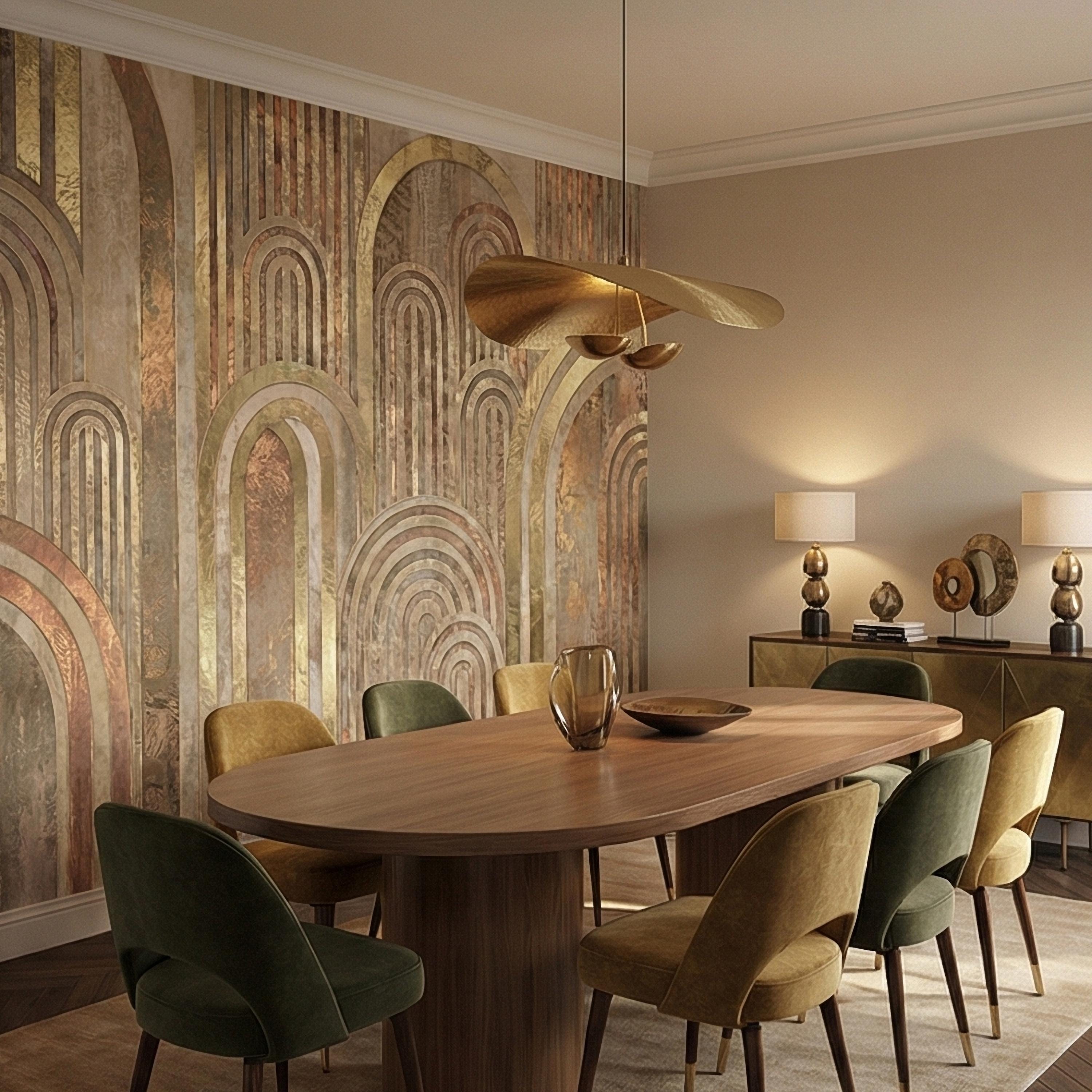 Vintage Gold Arch Columns on Antique Plaster Patina Peel and Stick Wall Mural, Old World Beige Fresco Texture Retro Art Deco Style Wallpaper