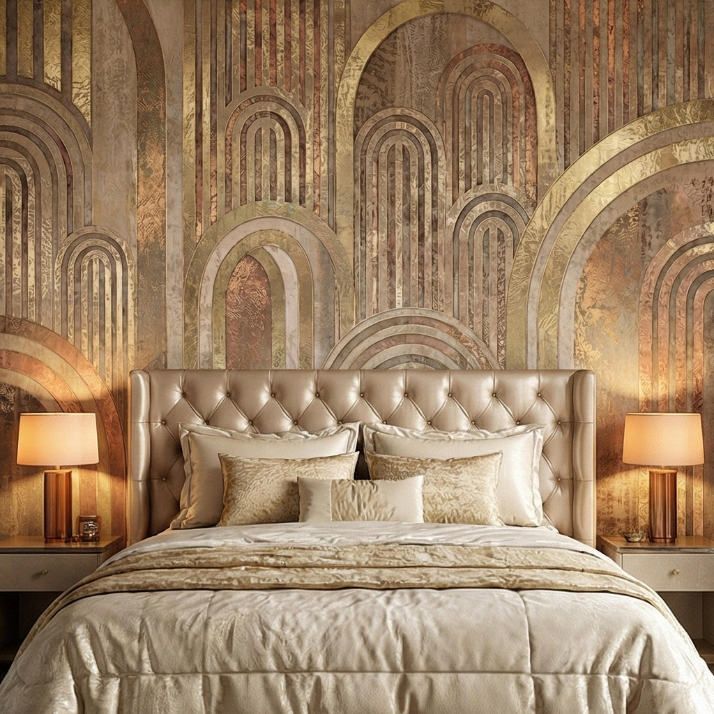 Vintage Gold Arch Columns on Antique Plaster Patina Peel and Stick Wall Mural, Old World Beige Fresco Texture Retro Art Deco Style Wallpaper