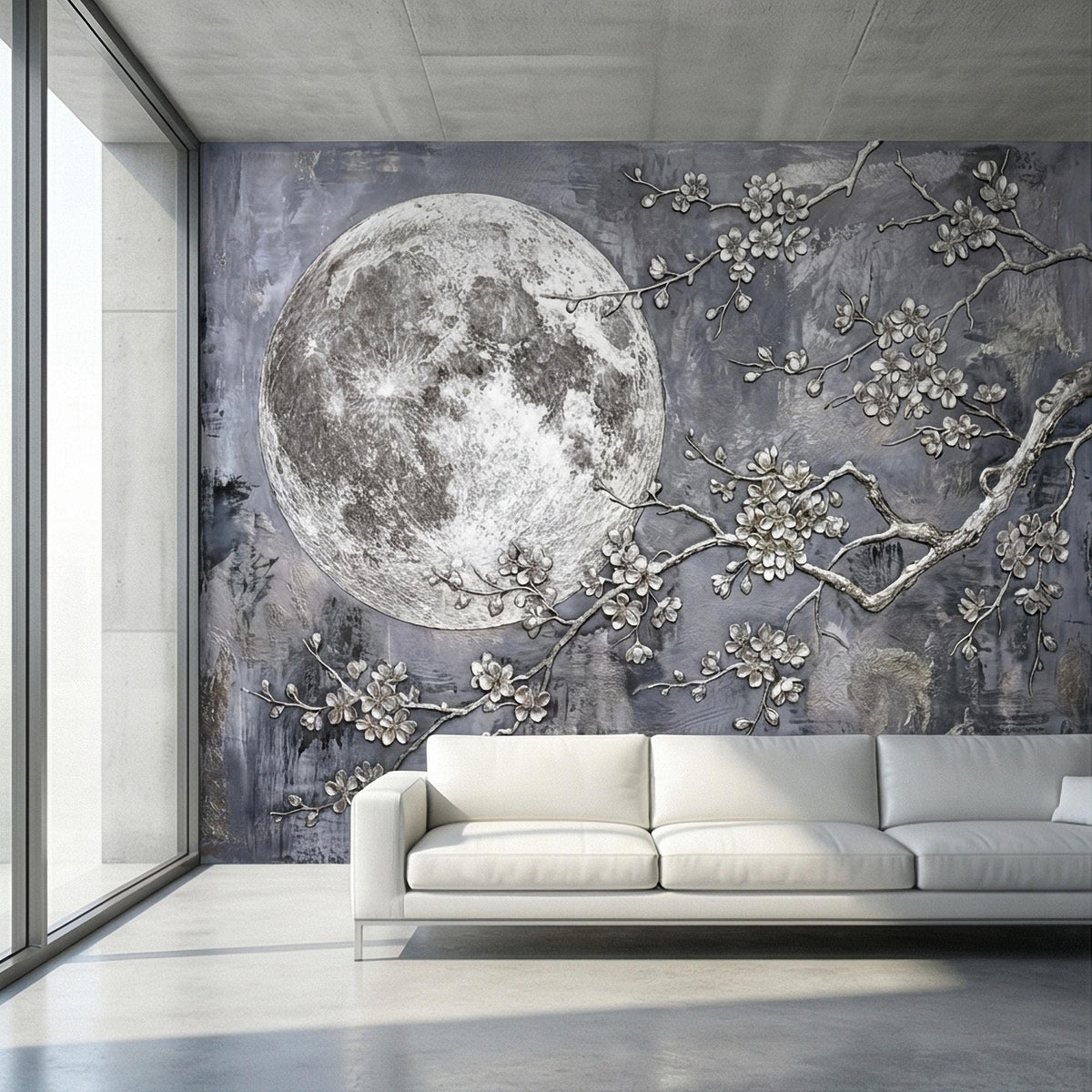 Silver Moon Cherry Blossom Branches on Stormy Gray Patina, Peel and Stick Wall Mural, Vintage Oriental Floral Crescent Distressed Wallpaper - The Fine Art Murals