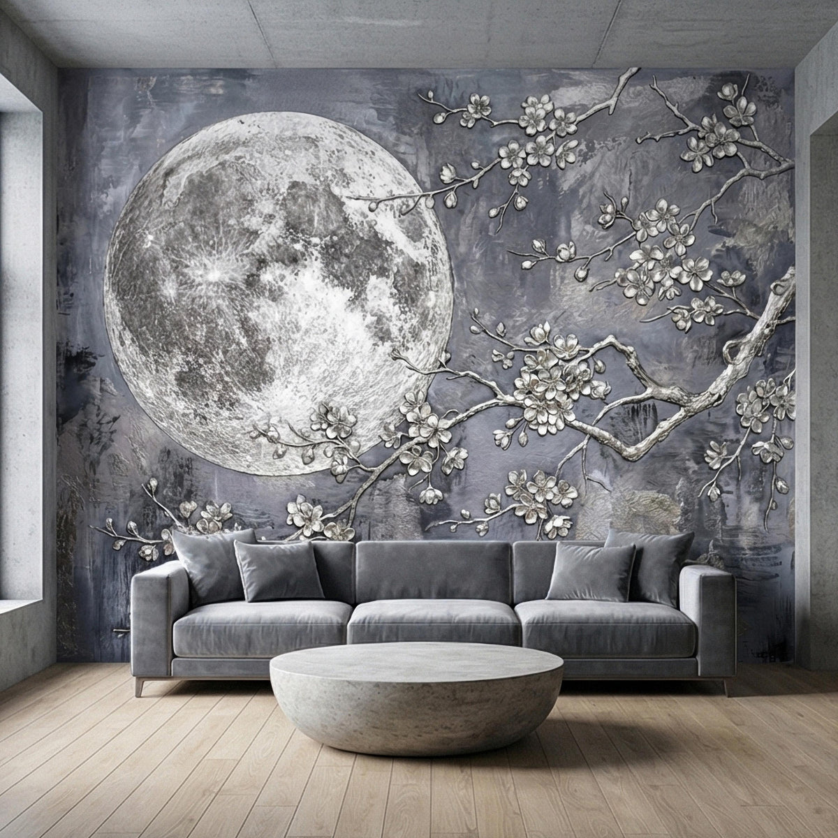 Silver Moon Cherry Blossom Branches on Stormy Gray Patina, Peel and Stick Wall Mural, Vintage Oriental Floral Crescent Distressed Wallpaper - The Fine Art Murals