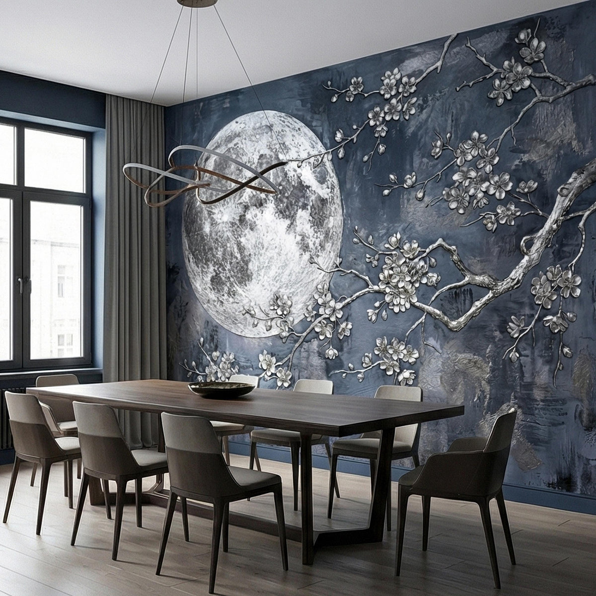 Silver Moon Cherry Blossom Branches on Stormy Gray Patina, Peel and Stick Wall Mural, Vintage Oriental Floral Crescent Distressed Wallpaper - The Fine Art Murals