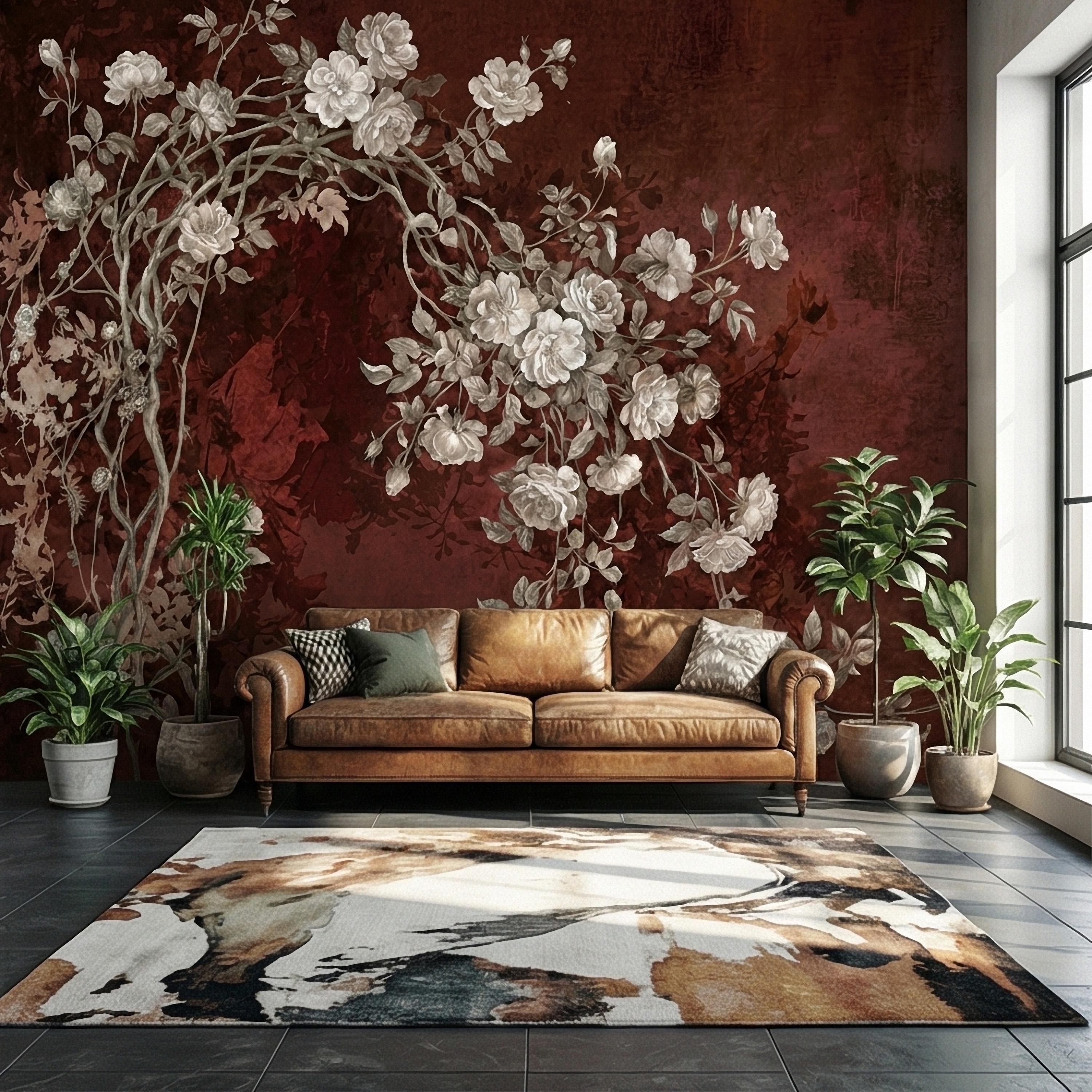 Vintage Burgundy Botanical Flower Branches Peel and Stick Wall Mural, White Rose Blossom Tree on Distressed Patina Romantic Floral Wallpaper
