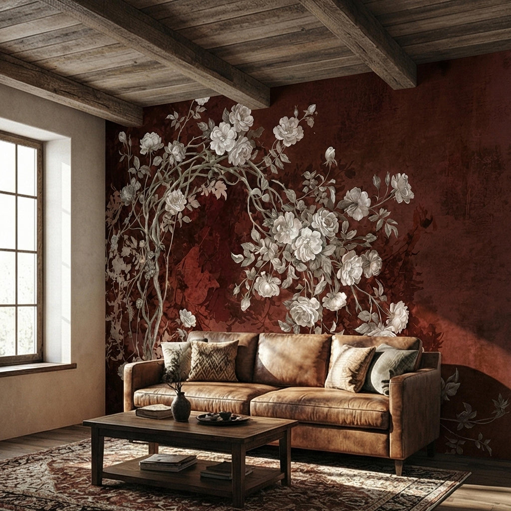 Vintage Burgundy Botanical Flower Branches Peel and Stick Wall Mural, White Rose Blossom Tree on Distressed Patina Romantic Floral Wallpaper
