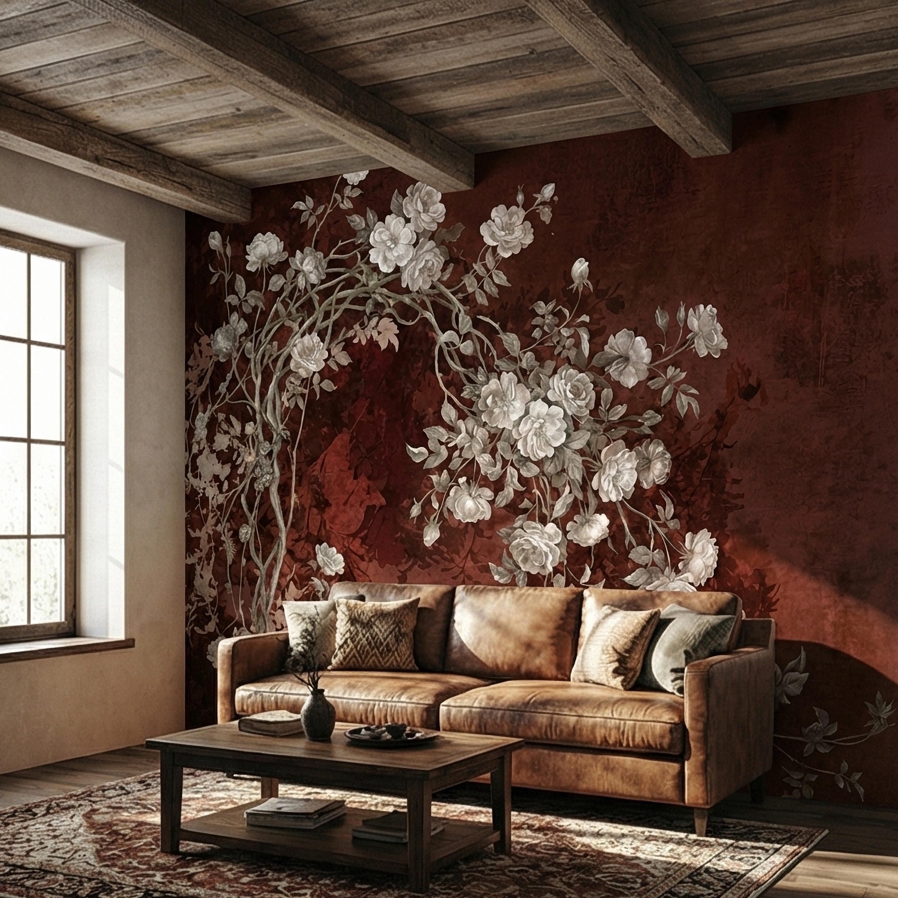 Vintage Burgundy Botanical Flower Branches Peel and Stick Wall Mural, White Rose Blossom Tree on Distressed Patina Romantic Floral Wallpaper